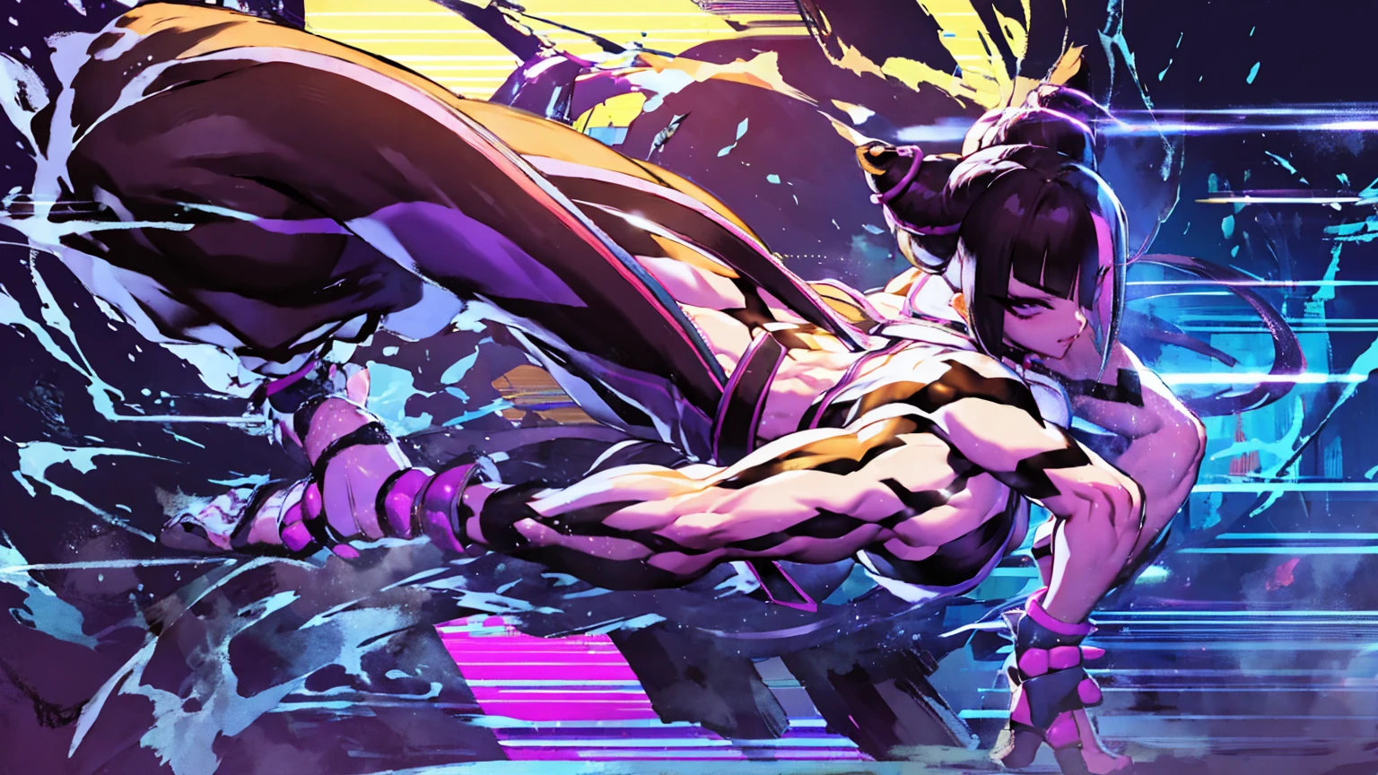 Juri Han from the game Street Fighter in a highly detailed and expressive digital illustration, Juri is in a dynamic and powerful pose, black hair in its iconic style with two pointy chongas, purple eyes with a piercing and confident look, She is wearing her classic combat outfit which consists of a tight top and baggy pants with purple and black accents., His posture is aggressive and athletic, highlighting his agility and strength, the background is a nighttime urban scene with neon lights, adding a modern and vibrant touch to the scene, the lighting is dramatic with striking shadows that highlight the muscular contours of your body,