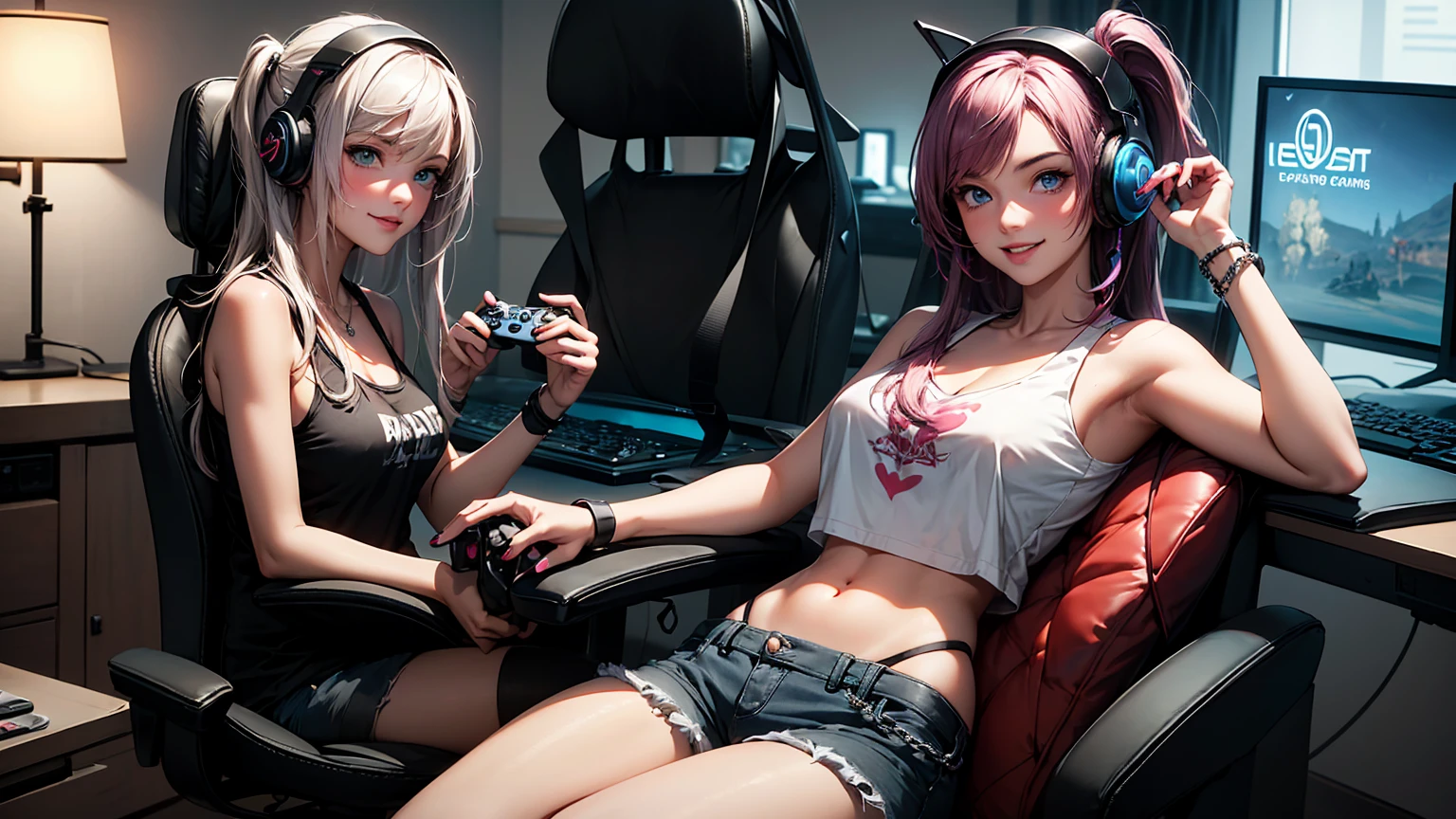 Render a top-quality image of two 18-year-old girls. The first girl has a heart tattoo on her right shoulder, long purple hair, and blue eyes. She is wearing a black navel crop top and jean shorts, highlighting her slender figure and best bust of 85. She is sitting in a gaming chair, slouched with a smile, holding a gaming controller. The second girl, her girlfriend, has long pink hair and green eyes. She is wearing a white tank top and denim shorts, showing off her fit and curvy figure. She is standing behind the gaming chair, leaning in with a smile, holding a second controller. Both girls are adorned with chain accessories, black wristbands, and gaming headphones. The background features a neon-colored room with a gaming PC, gaming desk, gaming chair, and gaming bed, complete with a gaming console. The image should exhibit high-quality visual artistry, with intricate details and a warm, inviting atmosphere.