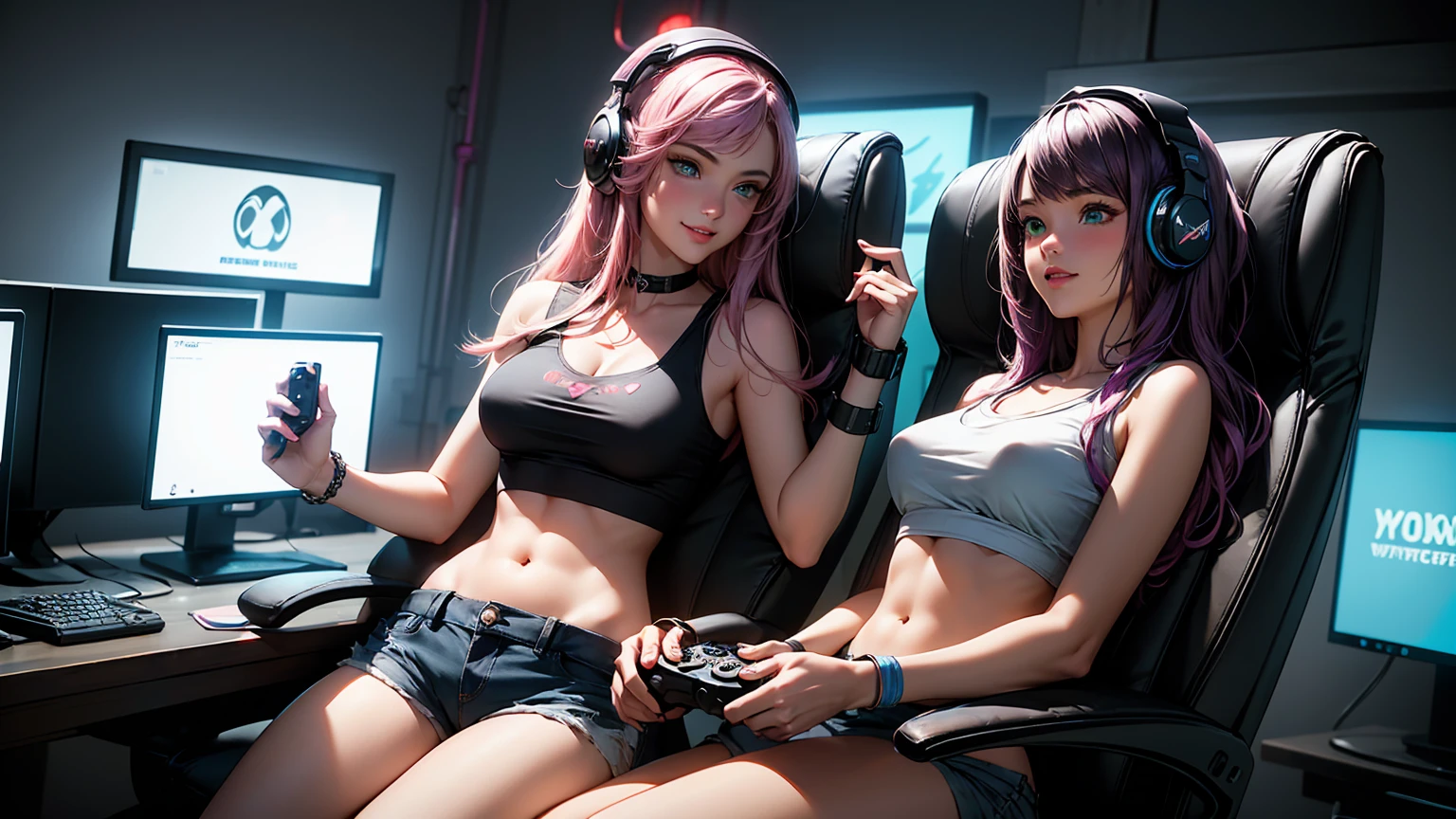 Render a top-quality image of two 18-year-old girls. The first girl has a heart tattoo on her right shoulder, long purple hair, and blue eyes. She is wearing a black navel crop top and jean shorts, highlighting her slender figure and best bust of 85. She is sitting in a gaming chair, slouched with a smile, holding a gaming controller. The second girl, her girlfriend, has long pink hair and green eyes. She is wearing a white tank top and denim shorts, showing off her fit and curvy figure. She is standing behind the gaming chair, leaning in with a smile, holding a second controller. Both girls are adorned with chain accessories, black wristbands, and gaming headphones. The background features a neon-colored room with a gaming PC, gaming desk, gaming chair, and gaming bed, complete with a gaming console. The image should exhibit high-quality visual artistry, with intricate details and a warm, inviting atmosphere.