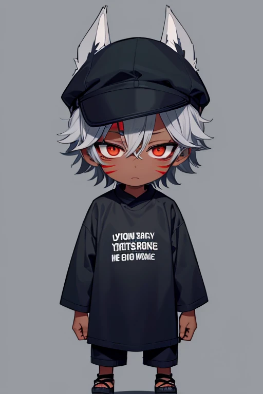 1 man,chibi,full body,standing,wolf ear,black color cap,dove gray hair,blue ayes,green background,half-closed eyes,asian,dark-skinned male,undisturbed clothing,sleepy,Red patterned makeup on the face,black Triangular makeup on the face