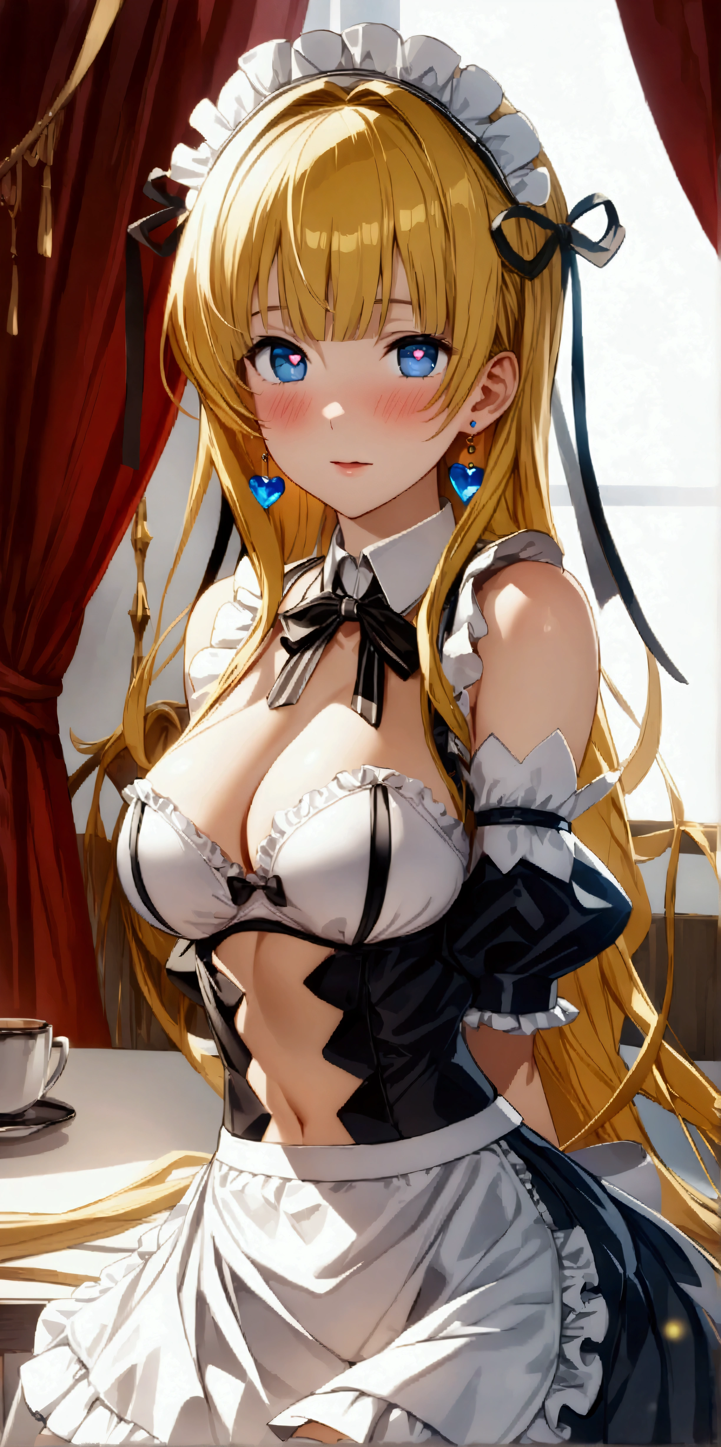 ((32k)), ((best quality)), ((ultra high res)), ((HDR)), ((UHD)), ((extremely detailed CG)), ((unity 32k wallpaper)), anime style, (), (ideal ratio body proportions), very long hair, blush, heart shaped eyes, heart shaped pupils, bangs, thighhighs, bow, jewelry, medium breasts, cleavage, curvy, maid uniform, mini skirt, (golden hair), (blue eyes), short sleeves, earrings, frills, white thighhighs, bowtie, cup, puffy short sleeves, wrist cuffs, thigh strap, detached collar, side-tie bikini bottom, thigh gap, table, single thighhigh, (bedroom), (cowboy shot), from front, from below, ((showing underwear)), white underwear, ((skirt lift by myself)),