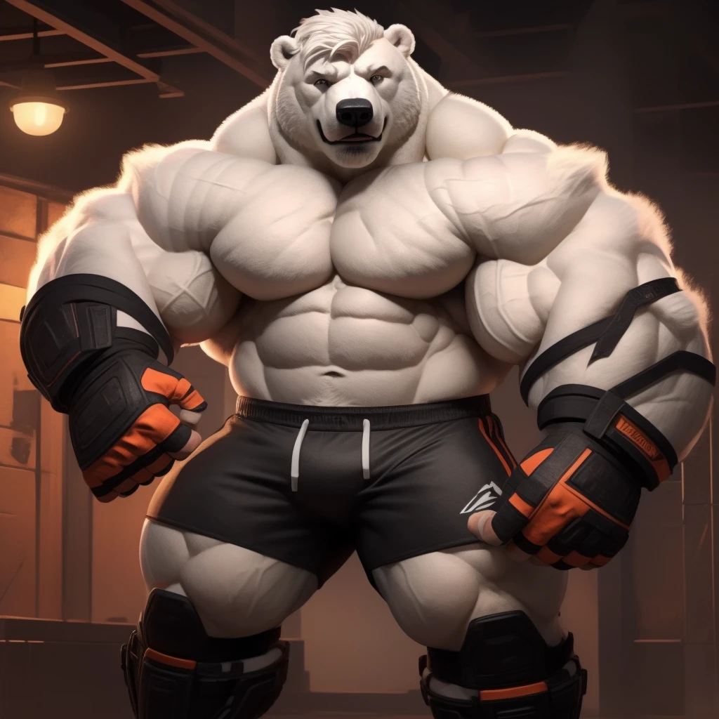 Brock Ólafsson The Huge Muscled Polar Bear, with White Hair, Huge, White Fur, Shirtless, Topless, Black MMA Fingerless Gloves and Black MMA Shorts