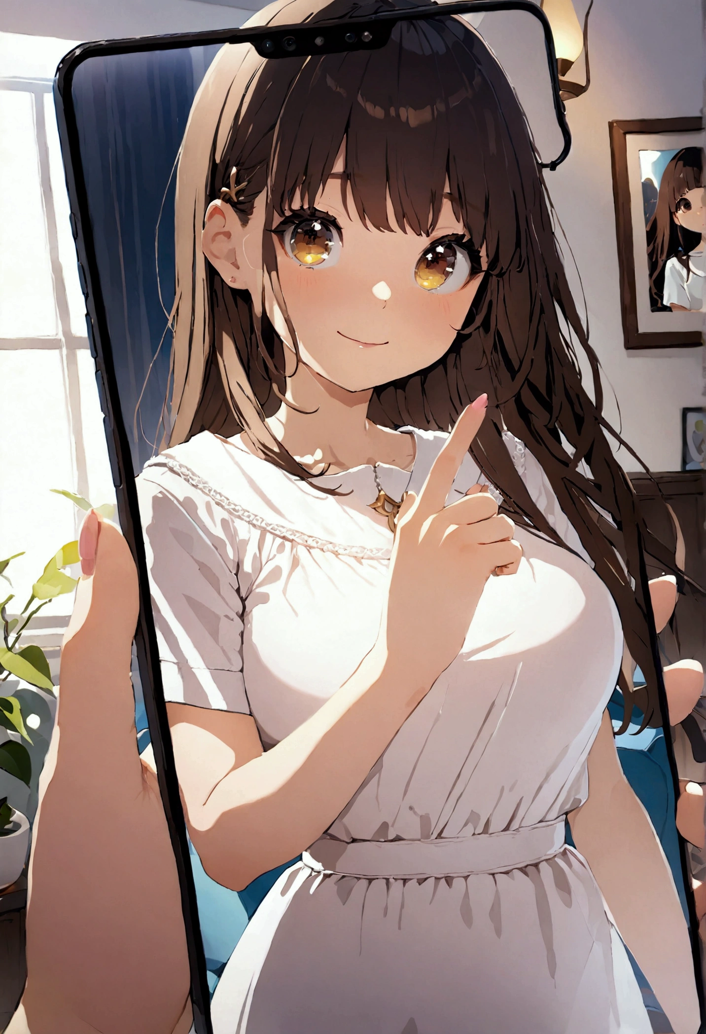 ((1girl)),  super fine illustration, vibrant colors, absurdres extremely detailed CG, 8k wallpaper, (masterpiece:1.3), dynamic angle, dynamic pose, 
best quality, depth of field, cinematic lighting, ultra detailed, brown long hair, very straight hair, large breast, white knit dress , 20yo, cute, very baby face, brown eyes, kawaii, smile, droopy eyes, arms at sides, smartphone, modern living room, peace fingers, smartphone, The smartphone screen is facing you