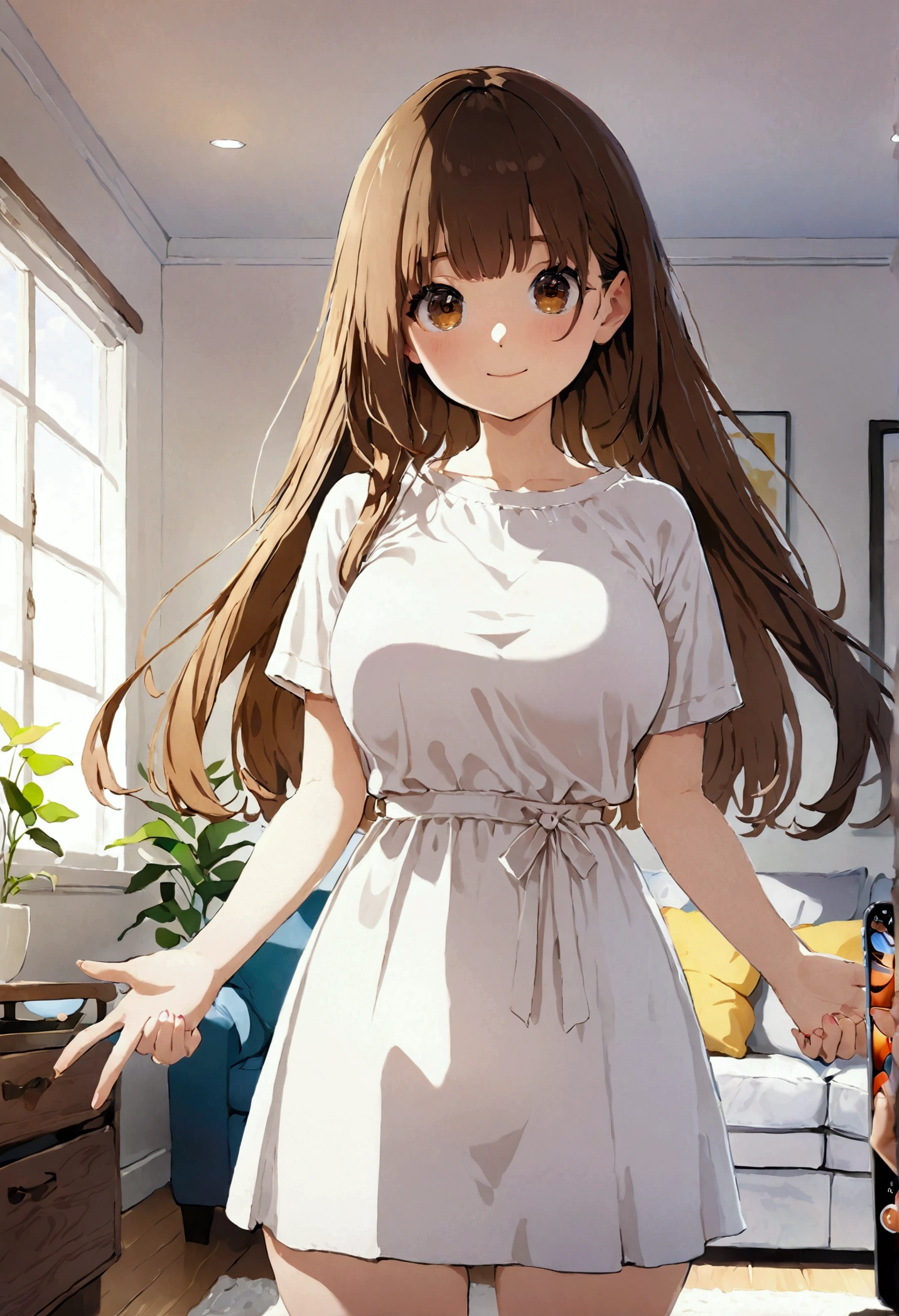 ((1girl)),  super fine illustration, vibrant colors, absurdres extremely detailed CG, 8k wallpaper, (masterpiece:1.3), dynamic angle, dynamic pose, 
best quality, depth of field, cinematic lighting, ultra detailed, brown long hair, very straight hair, large breast, white knit dress , 20yo, cute, very baby face, brown eyes, kawaii, smile, droopy eyes, arms at sides, smartphone, modern living room, peace fingers, smartphone, The smartphone screen is facing you