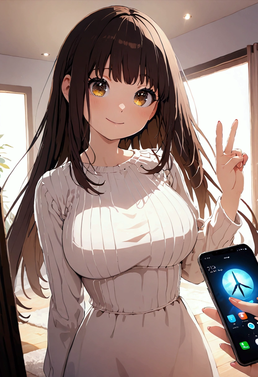 ((1girl)),  super fine illustration, vibrant colors, absurdres extremely detailed CG, 8k wallpaper, (masterpiece:1.3), dynamic angle, dynamic pose, 
best quality, depth of field, cinematic lighting, ultra detailed, brown long hair, very straight hair, large breast, white knit dress , 20yo, cute, very baby face, brown eyes, kawaii, smile, droopy eyes, arms at sides, smartphone, modern living room, peace fingers, smartphone, The smartphone screen is facing you