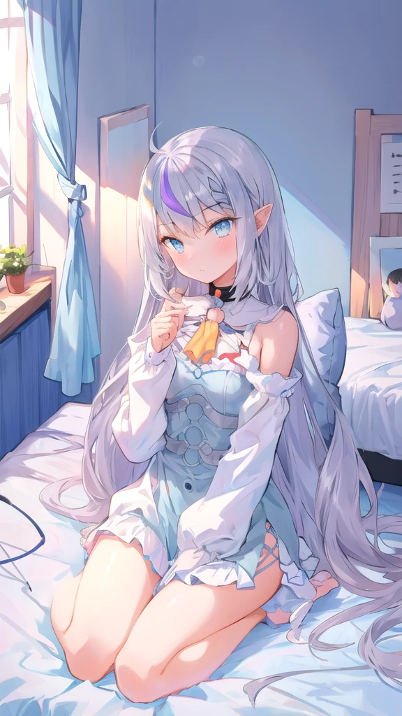 beautiful illustration, best quality, cute girl, bedroom,wariza, pastel color , silver long hair, bright lighting,sunbeam, light blue eyes,