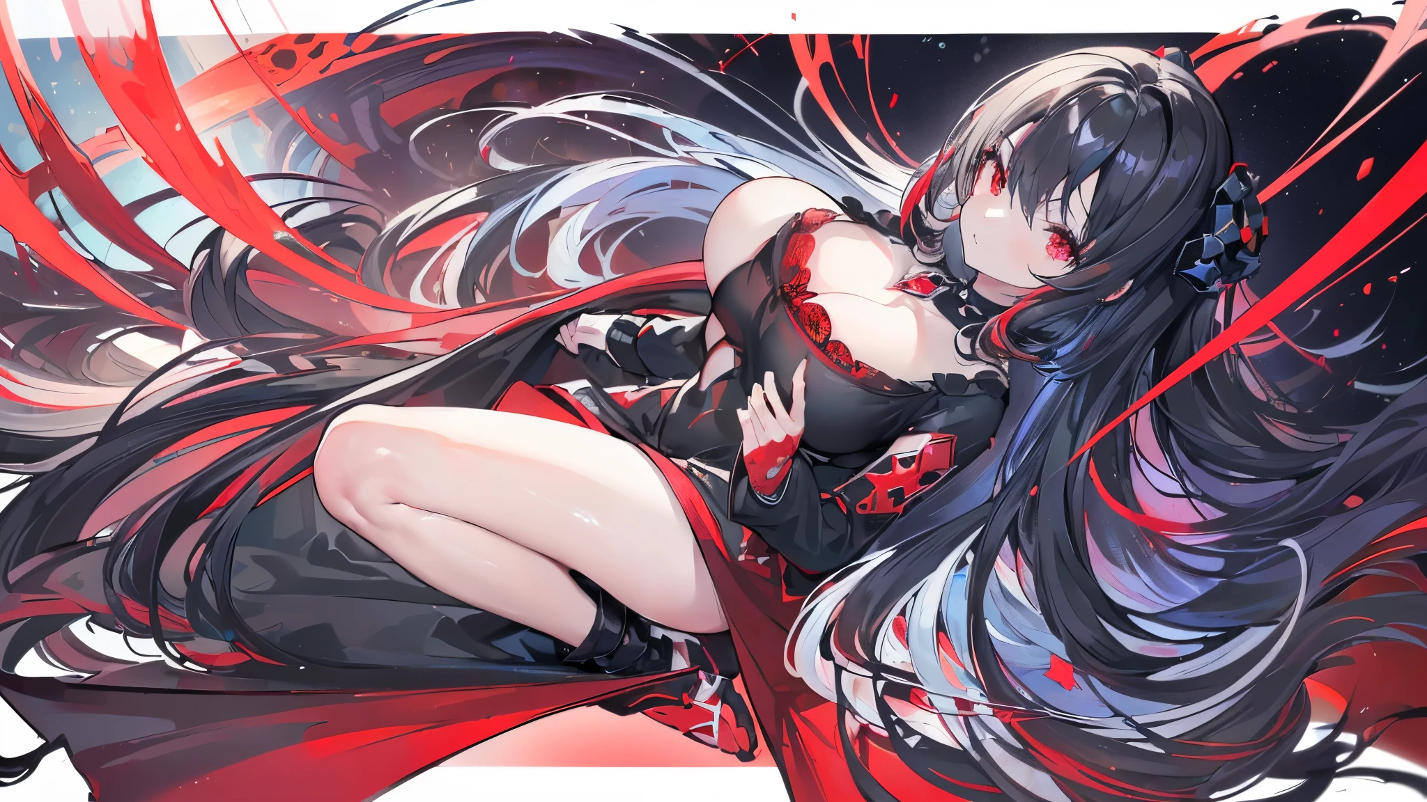 (Exquisite eyes),(Clear and beautiful eyes:1.61),masterpiece, ung girl,(Black clothes and some red gems), Black long hair, (She has a huge red gem on her chest), Good Hand,((The Havoc of StarCraft)),full-body shot,Fighting Stance,(Red Eyes:1.466),short and small,(Very big breasts:1.35),(Pretty Face),(full-body shot:1.33),Beautiful hands