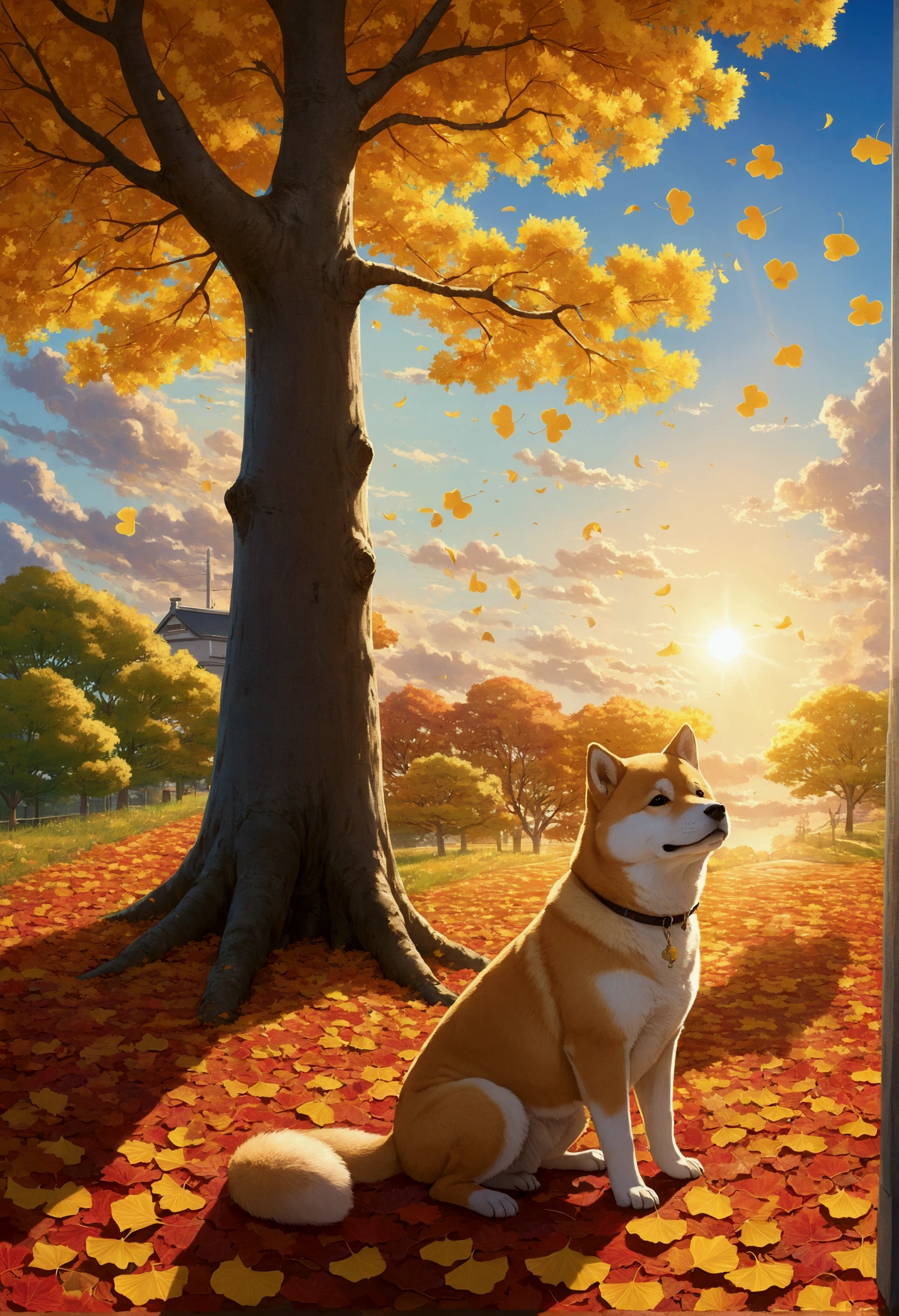 Makoto Shinkai Taste, Beautiful sunset sky, Shiba Inu puppy,Ginkgo tree in full bloom,Autumn leaves tree in full bloom,Scattered ginkgo leaves, Falling autumn leaves,Healing scenes, Wide angle、
