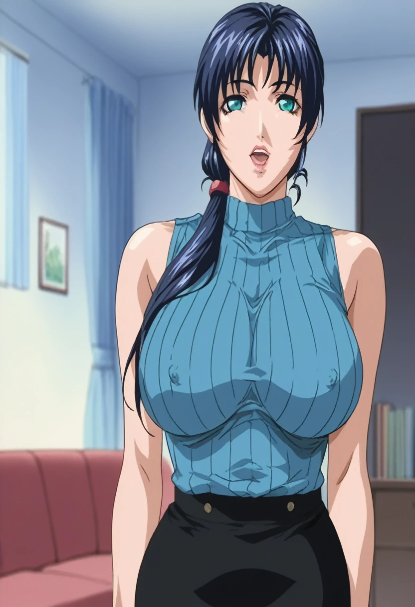 score_9, score_8_up, source_anime Bibl3, milf, busty milf, mature woman, dark blue hair, long hair, low ponytail, straight bangs, huge breasts, bouncy breasts, wide hips, full lips, vivid lips, aqua eyes, empty eyes, hypnotized, mesmerized, starring at viewer, open mouth, ribbed sweater, sleeveless, pencil skirt, standing at attention, hands at own sides, apartment, living room, blurred background, altered perception