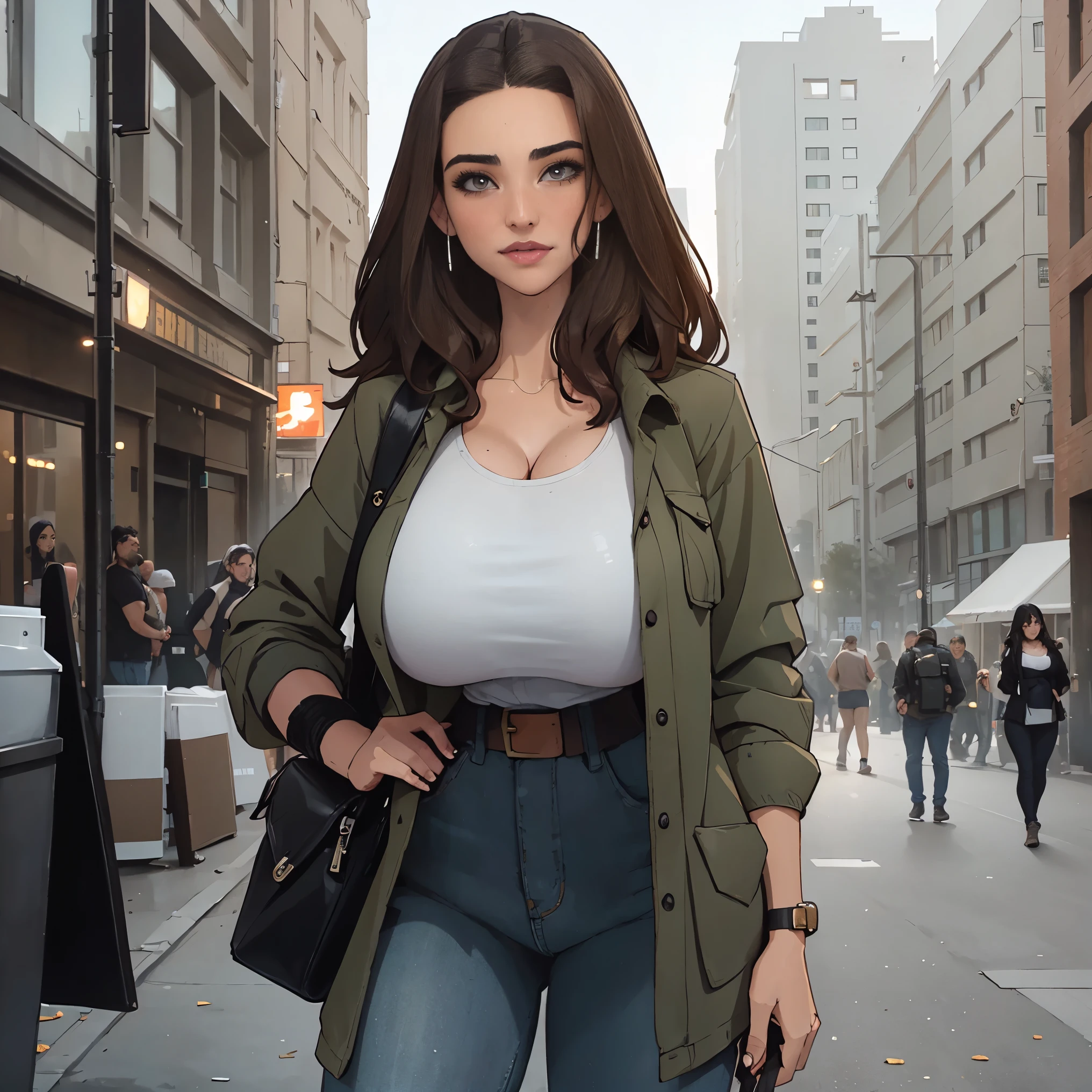 Extremely busty thin and toned brunette photographer, college girl, fair skin, loose side sweep, soft face, athletic, bandana babushka headwrap, tight olive green casual windbreaker, skinny jeans. standing in front of her apartment building, outdoors, city, camera bag, cleavage