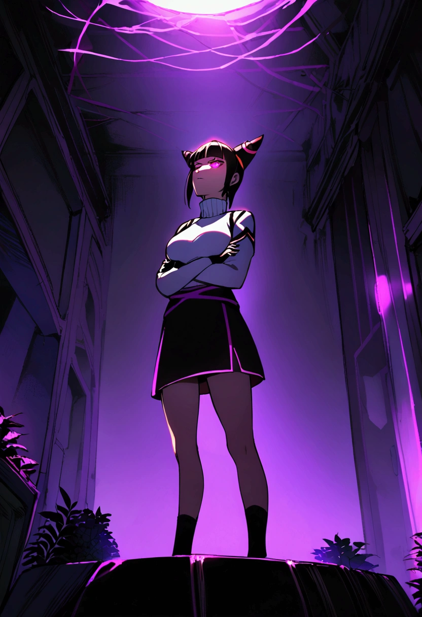 juri han, 1 girl ,standing alone,staring overhead,tight white turtleneck sweatshirt,black socks,standing,arms crossed,room,plant,glowing purple eyes,black short skirt,black glove,large bosom,low lighting,ombre,glowing purple eyes,evil smile,bangs on the eyes,hair horns,staring overhead