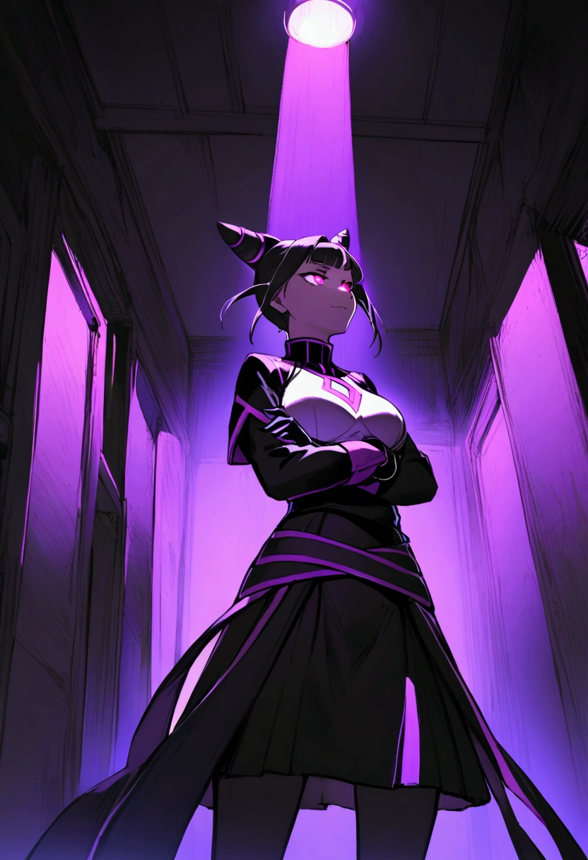 juri han, 1 girl ,standing alone,staring overhead,tight white turtleneck sweatshirt,black socks,standing,arms crossed,room,plant,glowing purple eyes,black short skirt,black glove,large bosom,low lighting,ombre,glowing purple eyes,evil smile,bangs on the eyes,hair horns,staring overhead