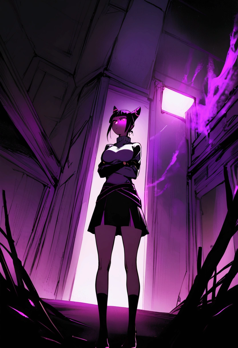 juri han, 1 girl ,standing alone,staring overhead,tight white turtleneck sweatshirt,black socks,standing,arms crossed,room,plant,glowing purple eyes,black short skirt,black glove,large bosom,low lighting,ombre,glowing purple eyes,evil smile,bangs on the eyes,hair horns,staring overhead