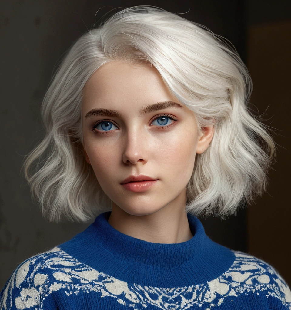 (masterpiece:1.3), (8k, photorealistic, RAW photo, best quality: 1.4), (1girl), beautiful face, (realistic face), (white hair, short hair:1.3), beautiful hairstyle, realistic blue eyes, beautiful detailed blue eyes, (realistic skin), beautiful skin, (sweater), absurdres, attractive, ultra high res, ultra realistic, highly detailed, golden ratio