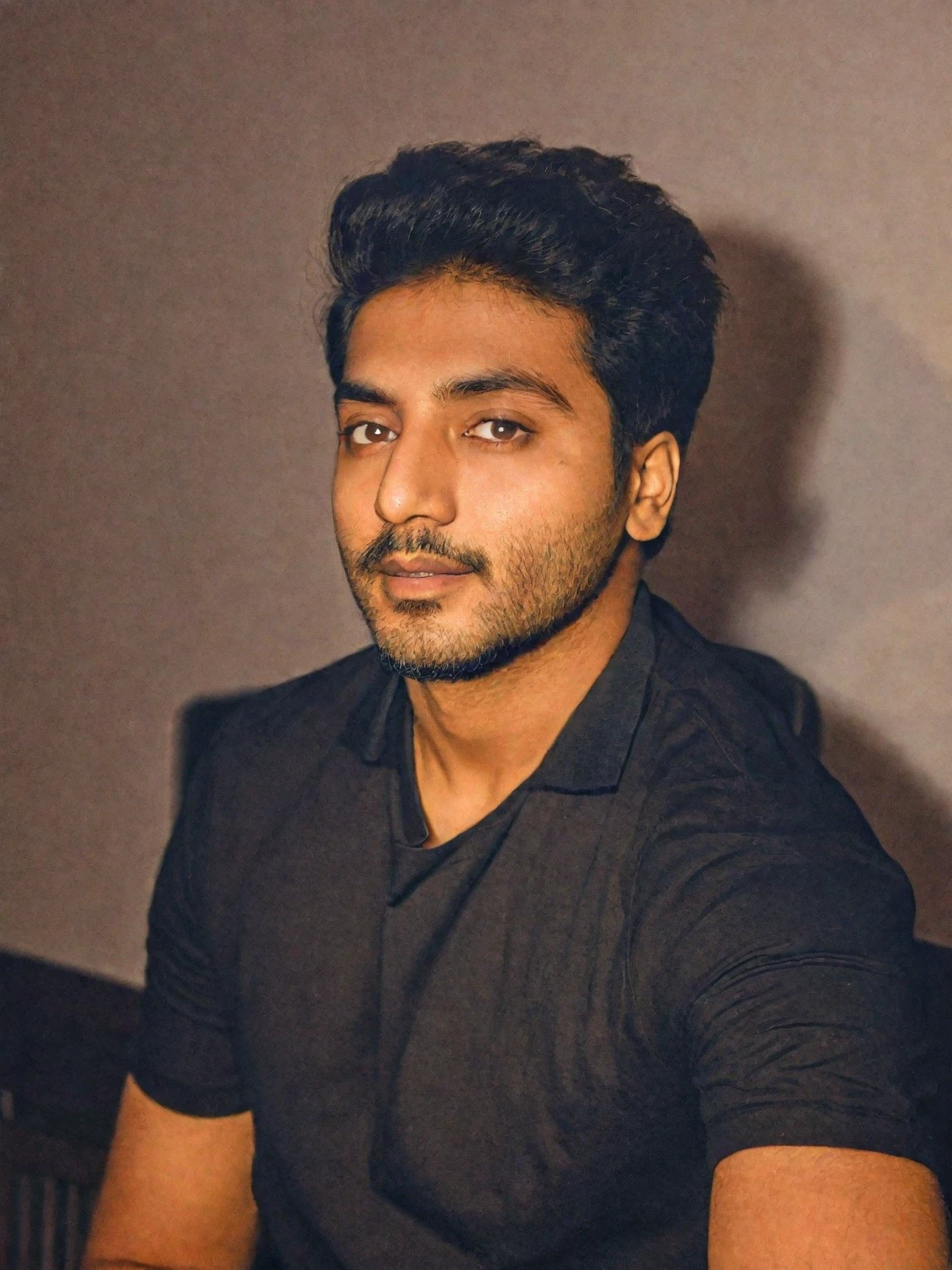 there is a man in an black shirt posing for a picture, with accurate face, portait photo profile picture, wearing an black t shirt, profile pic, ayan nag, jayison devadas, vinayak, very very low quality picture, 8k selfie photograph, with lovely look, without beard,  profile picture, uploaded, vastayan, portrait mode photo background night 