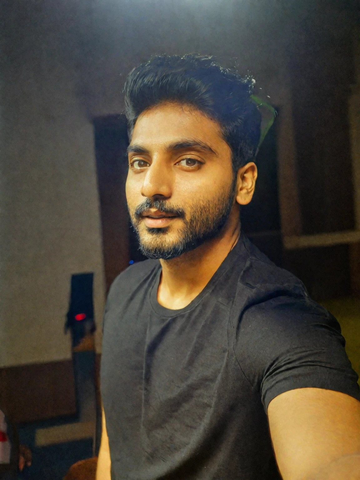 there is a man in an black shirt posing for a picture, with accurate face, portait photo profile picture, wearing an black t shirt, profile pic, ayan nag, jayison devadas, vinayak, very very low quality picture, 8k selfie photograph, with lovely look, without beard,  profile picture, uploaded, vastayan, portrait mode photo background night 