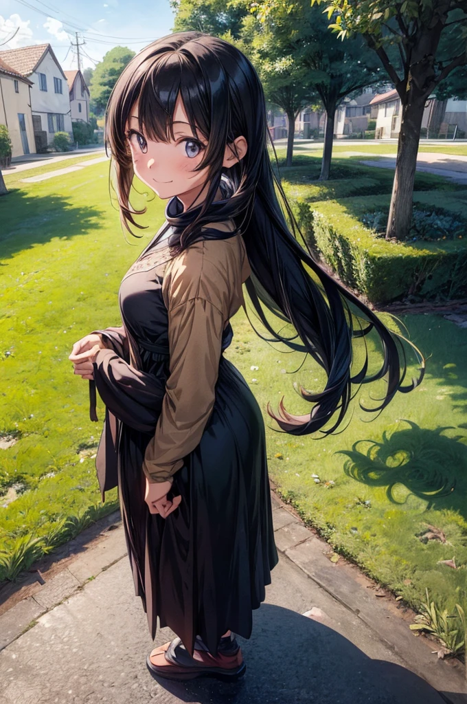 1girl, (anime coloring:1.2), (anime scene:1.3), perfect_anatomy, best quality, looking at viewer, upturned eyes, medium hair, chestnut hair, hairs between eyes, feminine, happy smile, (Abaya,1.2), Simple shoes, village deep in the rye field, Medieval village,