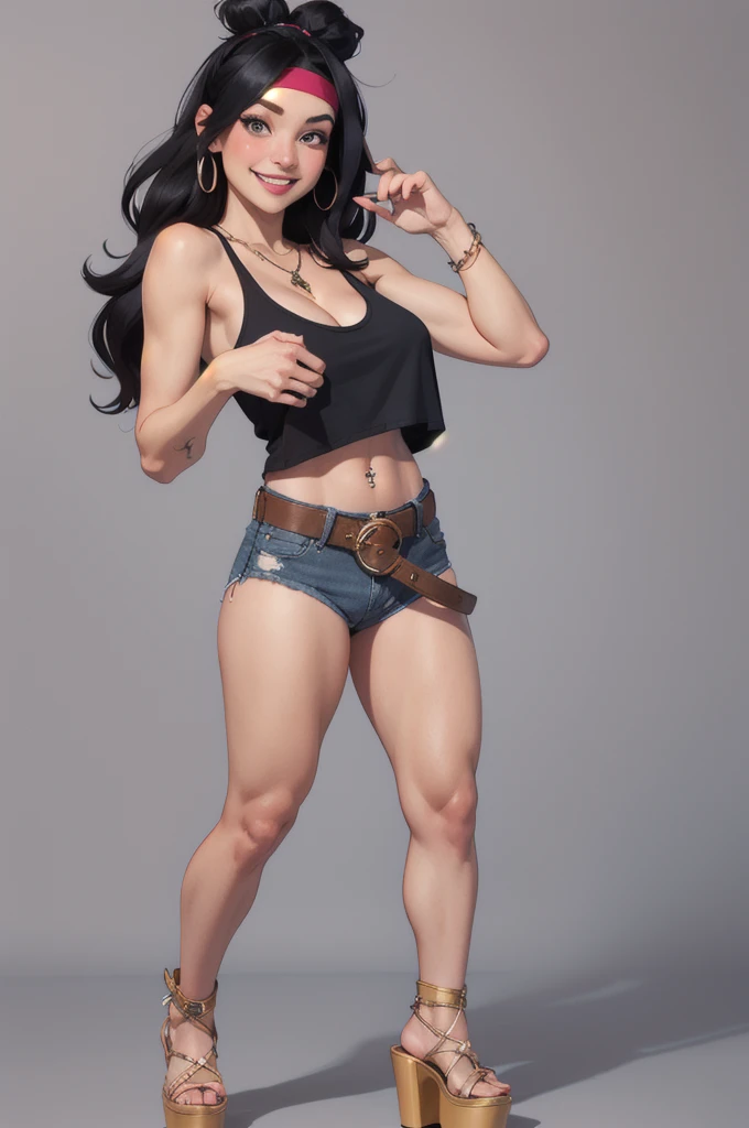 hayley smith, 1girl, black hair, long hair, solo, necklace, jewelry, tank top, headband, midriff, panties, platform high heels, belt, navel piercing,looking at viewer, smile, cowboy shot, fullbody, hippie, underboobs, cleavage 