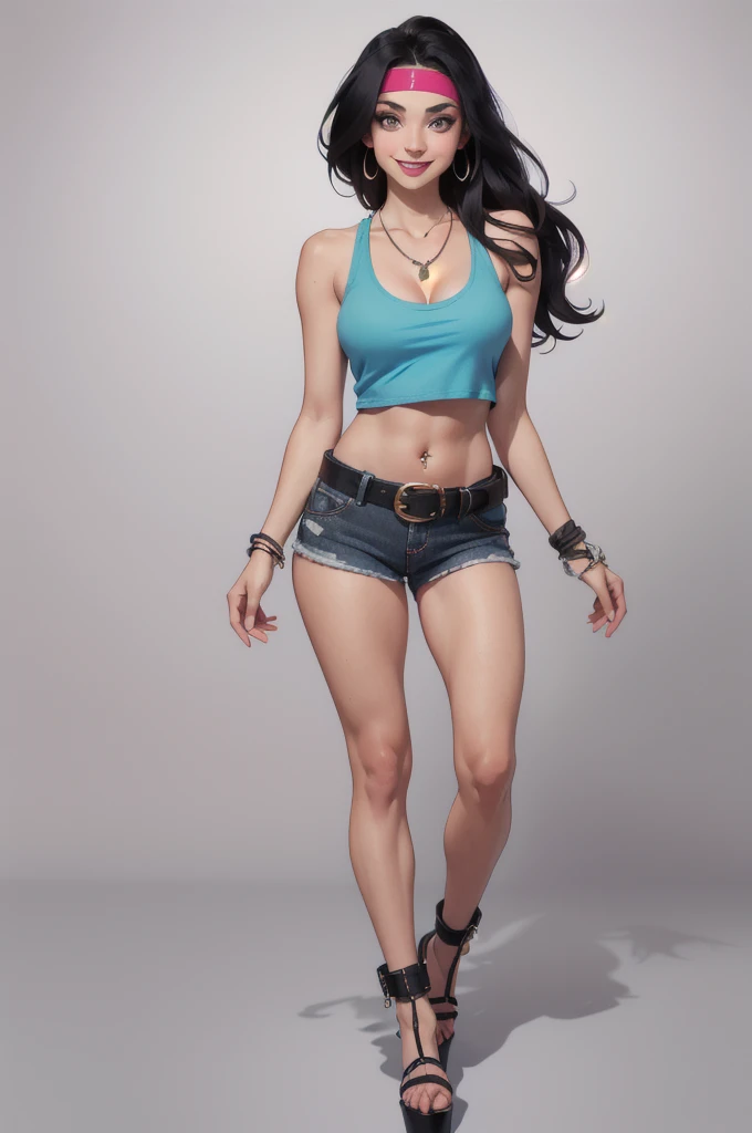 hayley smith, 1girl, black hair, long hair, solo, necklace, jewelry, tank top, headband, midriff, panties, platform high heels, belt, navel piercing,looking at viewer, smile, cowboy shot, fullbody, hippie, underboobs, cleavage 