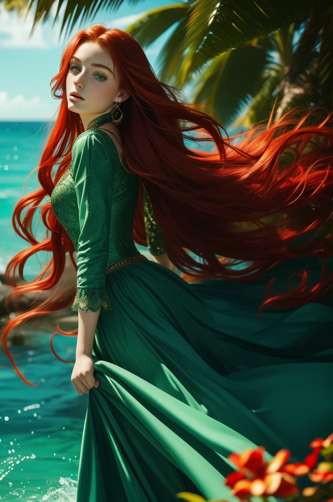  Sophie Turner, ultra detailed face, ultra detailed green eyes, long red hair, (dress, long skirt), tropical water, (((masterpiece)))