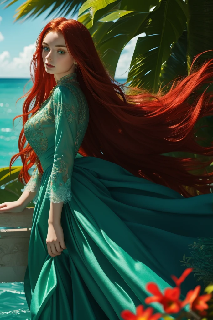 16 year old Sophie Turner, ultra detailed face, ultra detailed green eyes, long red hair, (dress, long skirt), tropical water, (((masterpiece)))