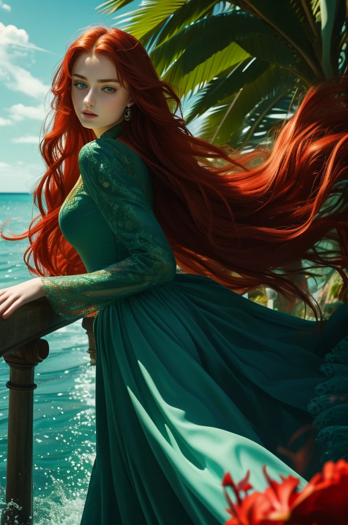 16 year old Sophie Turner, ultra detailed face, ultra detailed green eyes, long red hair, (dress, long skirt), tropical water, (((masterpiece)))