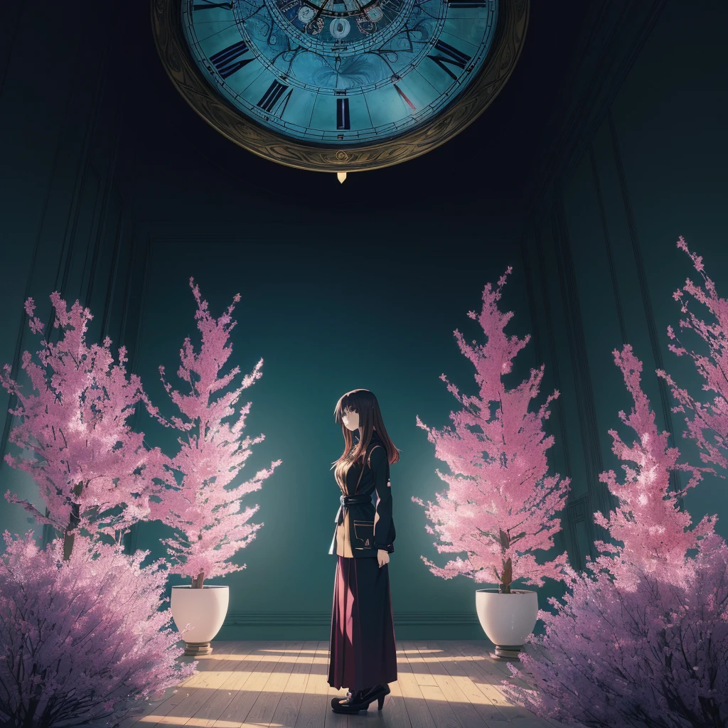 a woman standing in a room with a clock and trees, 4K anime art wallpaper, 4k anime art wallpaper, 8K anime art wallpaper, melhor anime wallpaper 4k konachan, cute anime dinner, anime background art, anime wallpaper 4k, anime wallpaper 4k, dreamy psychedelic anime, anime cute peace dinner, anime wallpaper 4k