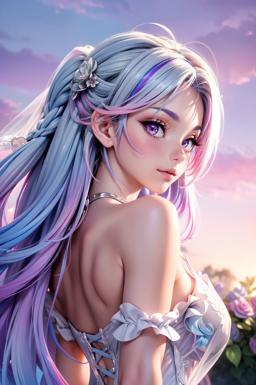 (masterpiece, best quality, beautiful and aesthetic:1.3), look back, side view, 1girl, solo, light smile,  (Silver blue hair streaked pink purple:1.4), (Gradient sky blue hair ends:1.6), hair strand, absurdly long hair, single sidelock, wavy hair, shiny hair, floating hair, (deep purple eyes), delicate eyes, aqua eyes, super high detailed eyes, long upper eyelashes, makeup, Focus on face, Very detailed facial, Pretty Face, Perfect breasts, hot body, (Delicate skin texture:1.2), bridal veil, lace-trimmed dress, see-through, wedding dress, outdoors, white roses, garden, morning, standing, extreme detailed, 