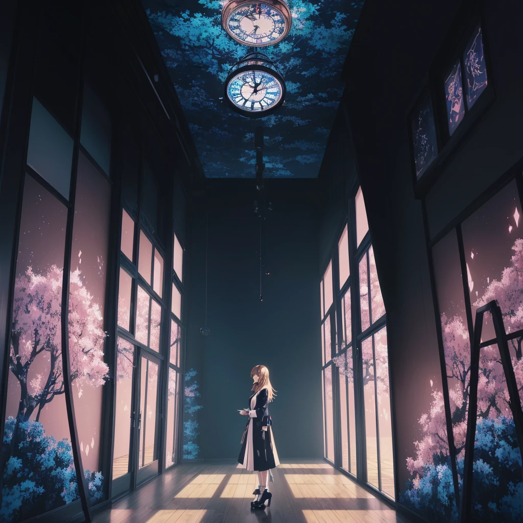 a woman standing in a room with a clock and trees, 4K anime art wallpaper, 4k anime art wallpaper, 8K anime art wallpaper, melhor anime wallpaper 4k konachan, cute anime dinner, anime background art, anime wallpaper 4k, anime wallpaper 4k, dreamy psychedelic anime, anime cute peace dinner, anime wallpaper 4k