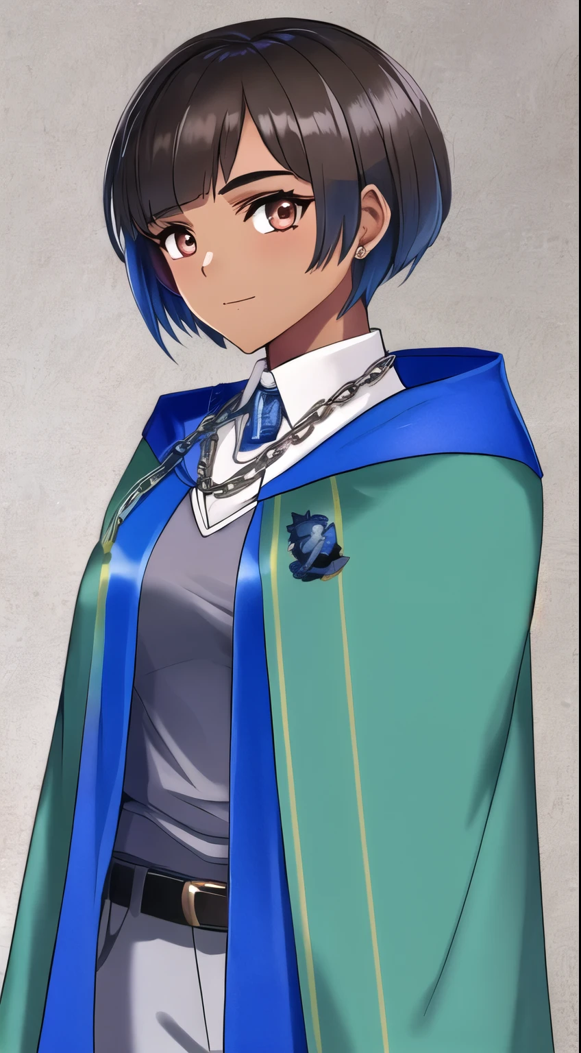 1girl,tomboy (pixie cut),black hair, tan brown skin (masterpiece,mature,detailed, high quality)Hogwarts House Ravenclaw, ((long blue cloak)), silver eagle chain around the neck, Hogwarts in the background, (looking at you)))