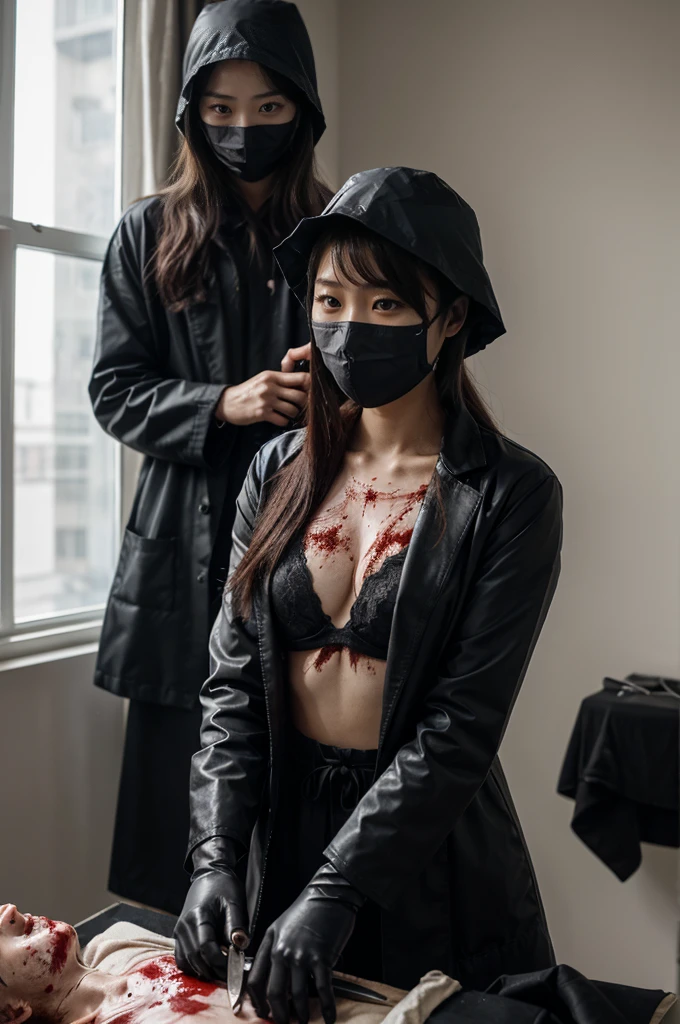 korean girl, (behind corpse, surgical mask), holding knife, stabbing, black gloves, room full of blood, black trench coat, bucket hat, holding knife, black gloves, behind corpse, blood splatter, very long hair, night, mass murderer, robbery, in the hotel, light from the window
