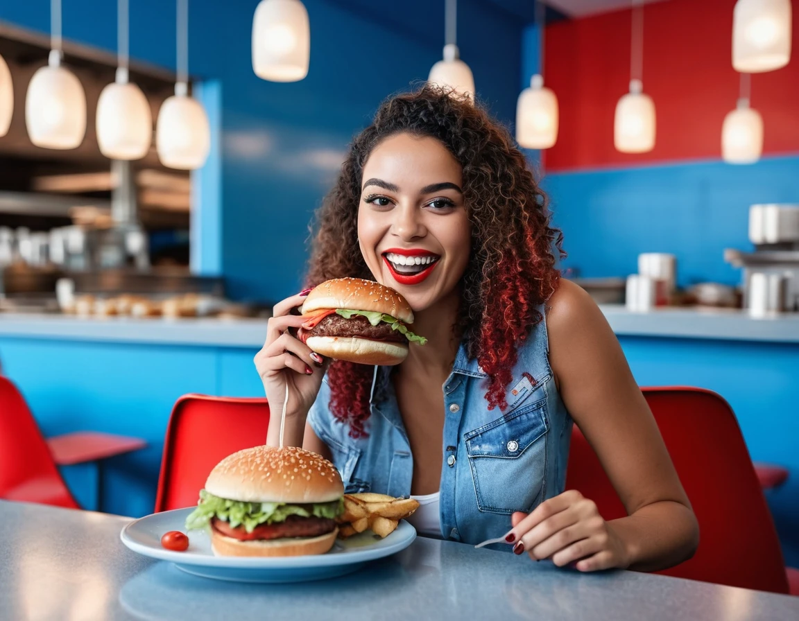 30-year-old Brazilian woman eating burger in modern cafeteria with blue and red decorated interior. She is happy, Looking at the camera. A highly detailed, a photo of.