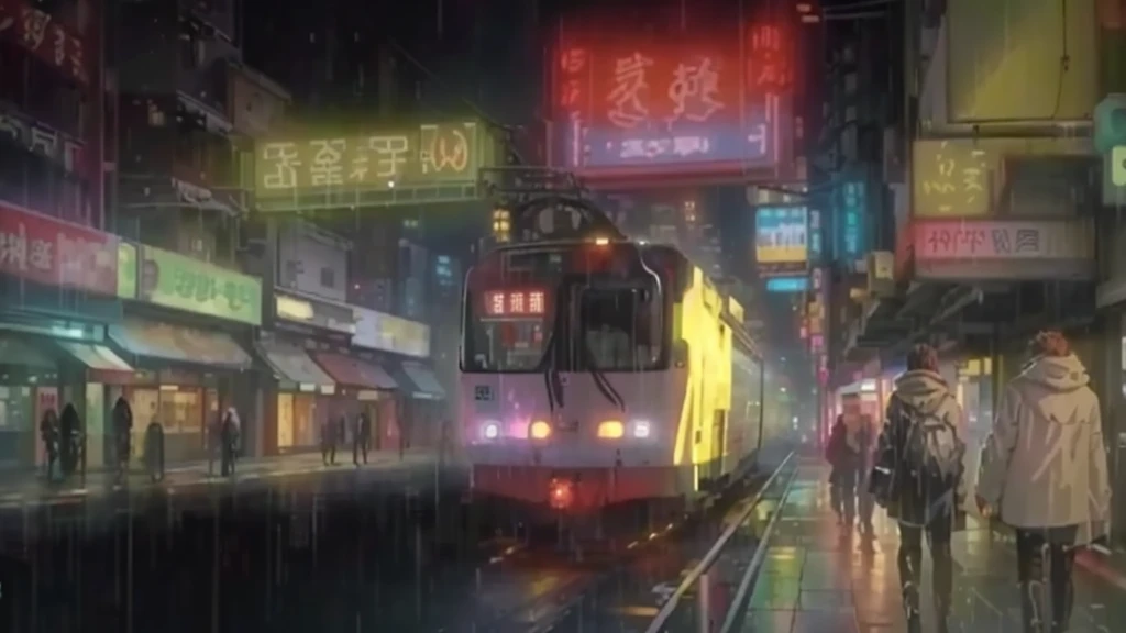 街の線路を走る列車のanimeシーン, Blade Runner City, Blade Runner Street, Blade Runner Street alley, Blade runner in the rain, Chinatown Blade Runner, 東京animeシーン, anime「ghost in the Shell」, Neo Tokyo Background, Like the scene in Blade Runner, neo - tokyo, Neo-Tokyo