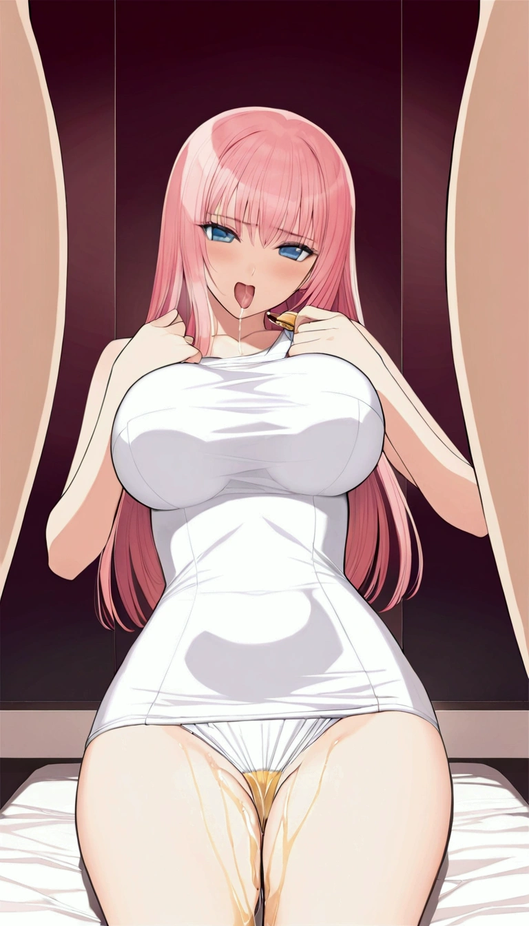 (Browsing Caution:1.5),{{Masterpiece}},{Detailed and beautiful depiction},Official Art,Beautiful adult woman 1,Megurine Luka,Pink long hair,blue eyes,Large ,School Swimsuit,(Looks like you're feeling better),Drooling,blush,Frontal subjective view,(Pee vigorously),(Mass Feeding),Squirting,Spread your legs,Showing off her vagina se,On the bed