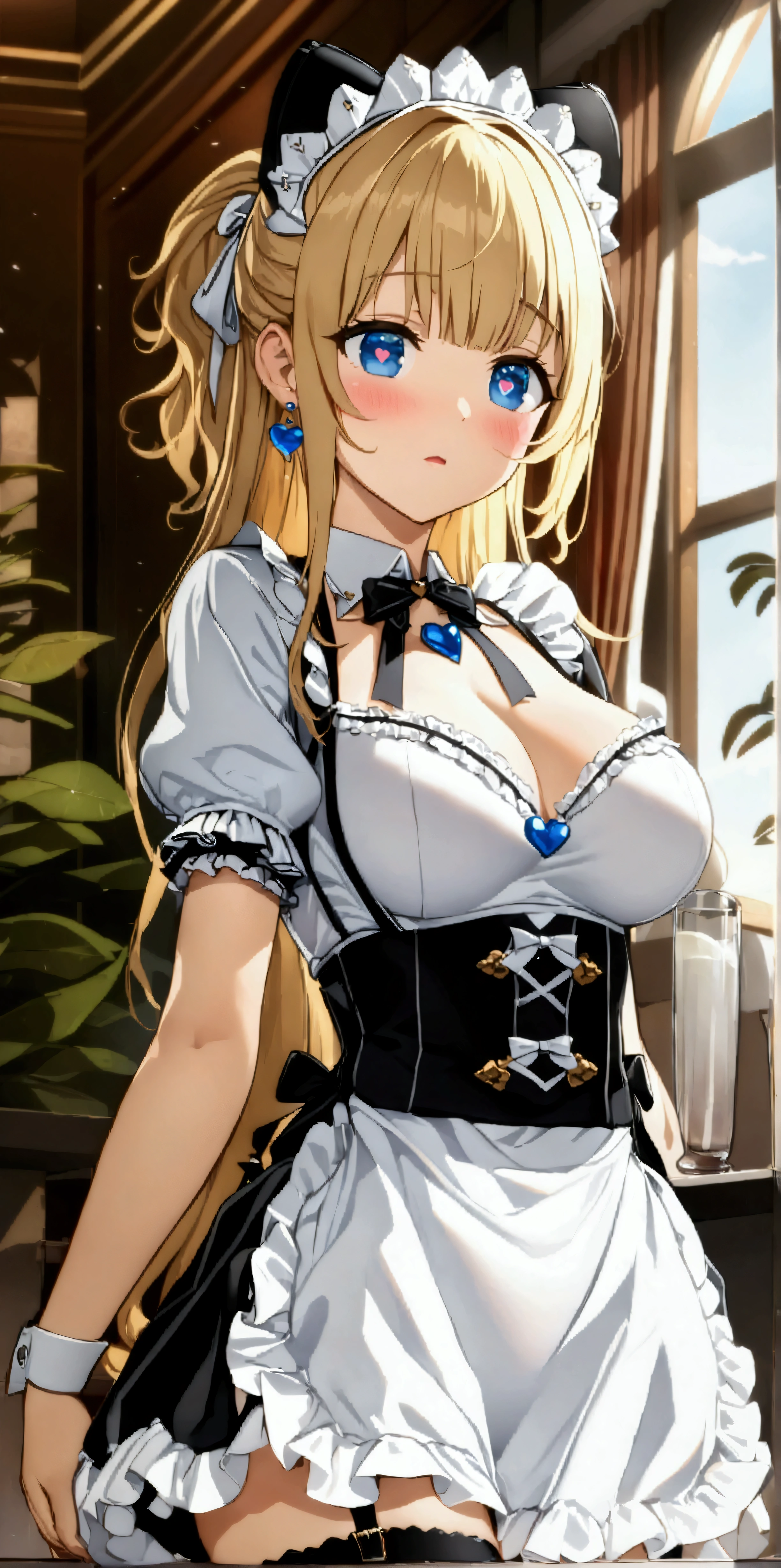 ((32k)), ((best quality)), ((ultra high res)), ((HDR)), ((UHD)), ((extremely detailed CG)), ((unity 32k wallpaper)), anime style, (), (ideal ratio body proportions), very long hair, blush, heart shaped eyes, heart shaped pupils, bangs, thighhighs, bow, jewelry, medium breasts, cleavage, curvy, maid uniform, mini skirt, (golden hair), (blue eyes), short sleeves, earrings, frills, white thighhighs, bowtie, cup, puffy short sleeves, wrist cuffs, thigh strap, detached collar, side-tie bikini bottom, thigh gap, table, single thighhigh, standing, (bedroom), (cowboy shot), from front, from below, ((showing underwear)), white underwear, ((skirt lift by myself)),