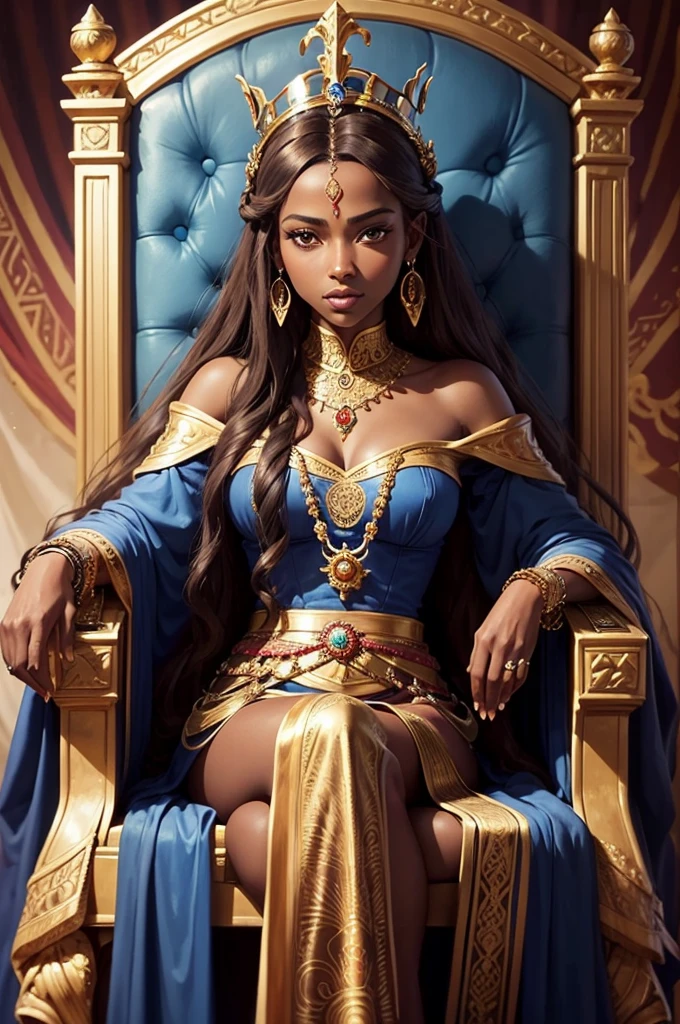 An oil painting of a stoic black African queen sitting on a grand throne. She has long, flowing sandy-brown hair and wears a magnificent crown adorned with jewels. Her attire is a luxurious, jewel-encrusted dress in vibrant blue and gold. The throne is ornate, with intricate designs and colorful gemstones. The background features rich blue drapery, adding to the regal atmosphere and blue snakes. The painting emphasizes the elegance, poise, and regal nature of the princess, capturing the richness of the colors and details in her clothing and surroundings.
