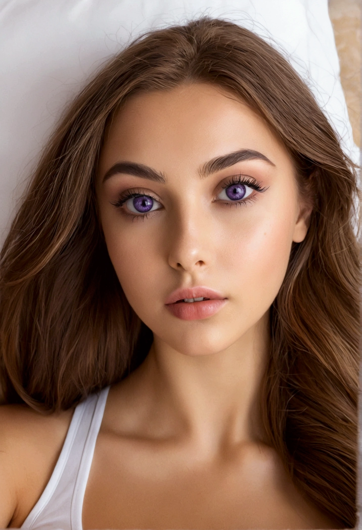 arafed femme pleinement , fille sexy aux yeux noisette ultra réaliste, Méticuleusement détaillé, portrait sophie mudd, cheveux bruns et grands yeux, selfie d&#39;une jeune femme, Les yeux de Dubaï, violette myers, sans maquillage, maquillage naturel, regarder directement la caméra, visage avec artgram, maquillage subtil, superbe photo de tout le corps à genoux sur le lit, dans la chambre, Buste de taille moyenne à grande
