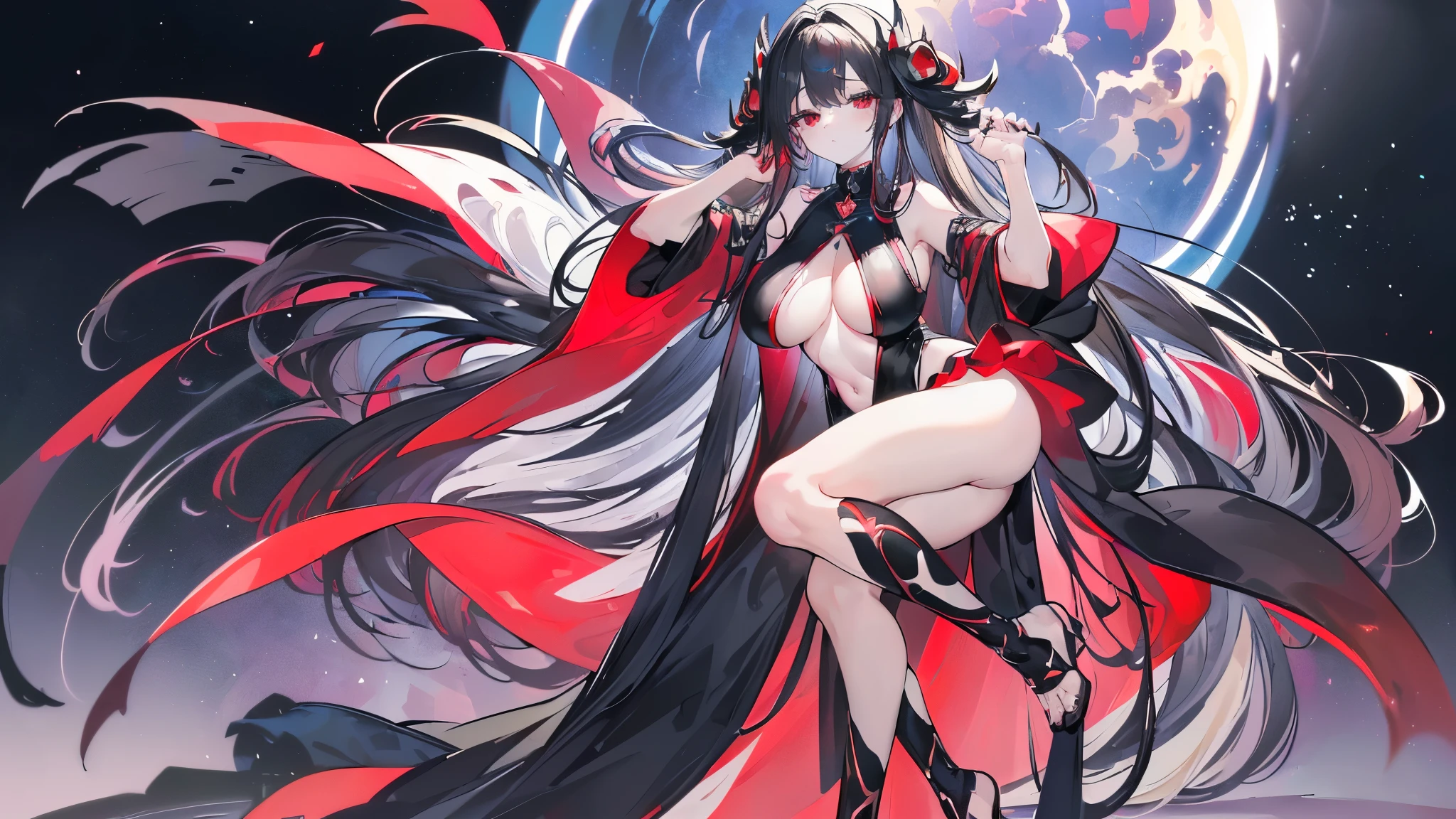 (Exquisite eyes),(Clear and beautiful eyes:1.61),masterpiece, ung girl,(Black clothes and some red gems), Black long hair, (She has a huge red gem on her chest), Good Hand,((The Havoc of StarCraft)),full-body shot,Fighting Stance,(Red Eyes:1.466),short and small,(Very big breasts:1.35),(Pretty Face),(full-body shot:1.33),Beautiful hands