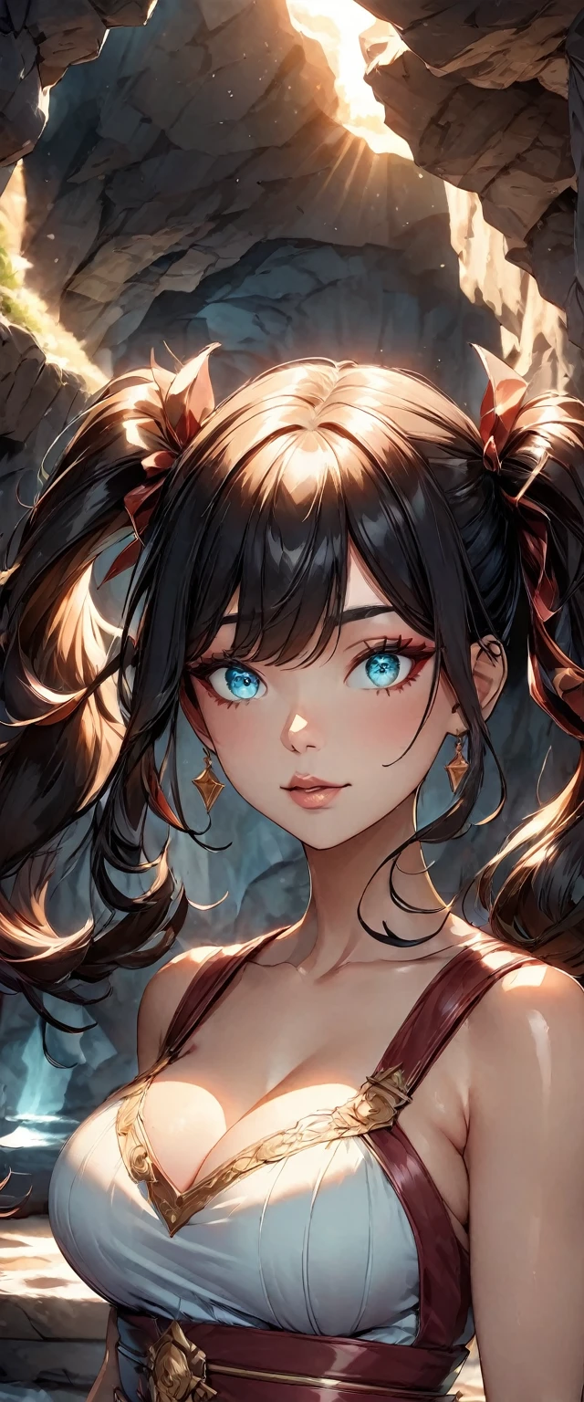 Photo of a woman with natural skin, Seaside cave, The light is shining in, Upper Body, High Twintails, Black hair with red mesh, Sharp eyes with red eyeshadow, Blue-green eyes, Shining eyes, A thin, upturned nose, Well-shaped lips, Big Breasts, ((Black off-the-shoulder dress, Thin shoulder straps)), barefoot, Makeup, Exquisitely crafted with the utmost attention to detail, Vibrant, amazing, Smooth, Cinematic, 4K, Backlight, (()), Shallow depth of field, ((Detailed eyes:1.3, Detailed lips:1.3, high quality, )), masterpiece, Super detailed images, High quality