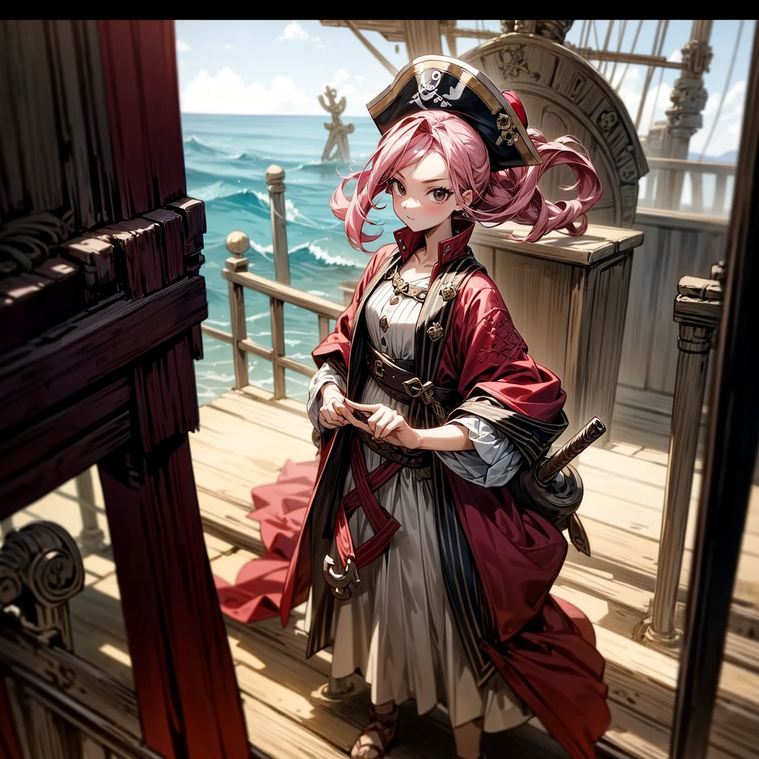 1girl, Full body version, 1character, girl version, black eyes, long Curly haircut, pink colour hair, ancient pirate style clothing, red colour clothing, Grassroots, background in the ship, motion blur, (pokemon style), standing gesture, pirate hat, 