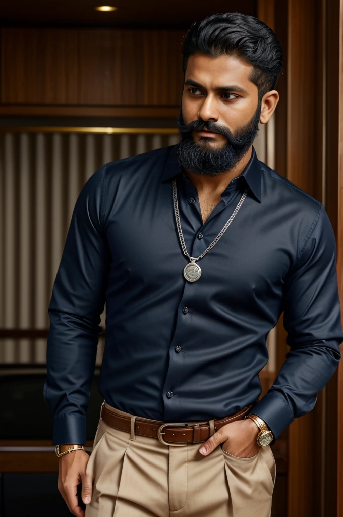 A man
Wearing long sleeved navy dark blue formal shirt.
The sleeves can be folded till the arm. 
Silver watch
Gold pleated Rudraksha long chain around his neck (Keep inside his shirt) 
Gold ring on his finger
Car key holding.
Halfly trimmed beard
Short hair 
Beige pant
Simple small Black color  belt 