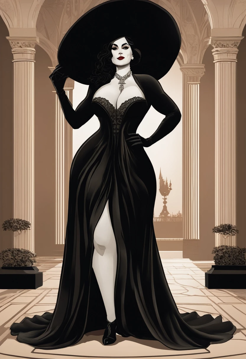 "Create a stylized illustration of Lady Dimitrescu exuding elegance and confidence in a grand, gothic setting, emphasizing her tall stature and full figure without any nudity.", wide body, massive breast, wide hips, heavy physique, heavy figure, voluptuous body, 