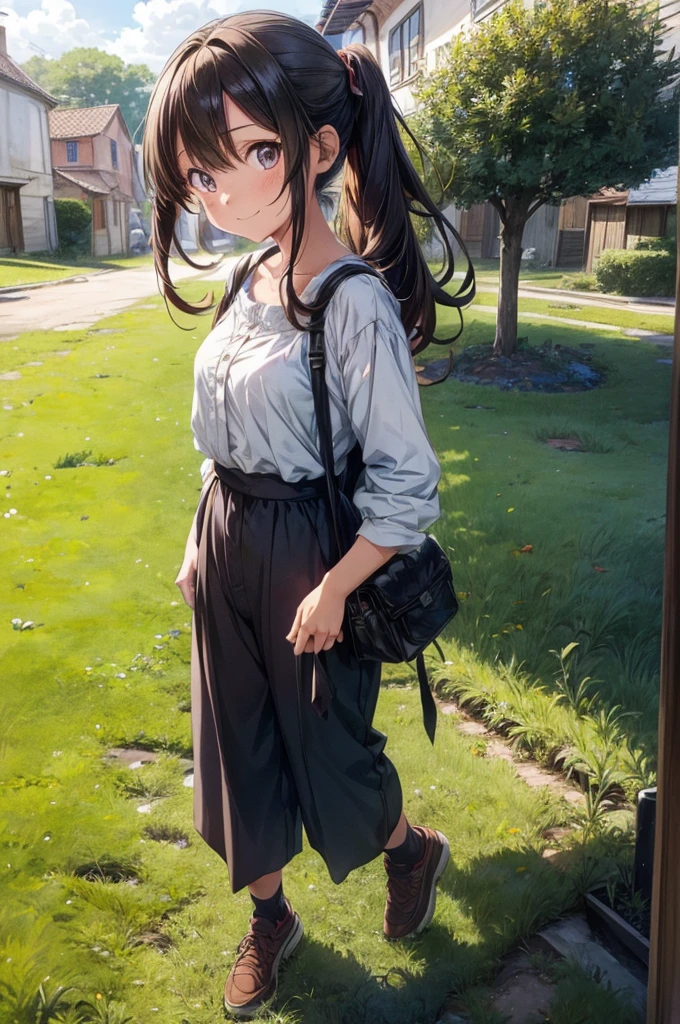 1girl, (anime coloring:1.2), (anime scene:1.3), perfect_anatomy, best quality, looking at viewer, upturned eyes, medium hair, chestnut hair, hairs between eyes, feminine, happy smile, (Culottes-style ethnic clothing:1.2), Simple shoes, village deep in the rye field, Medieval village,