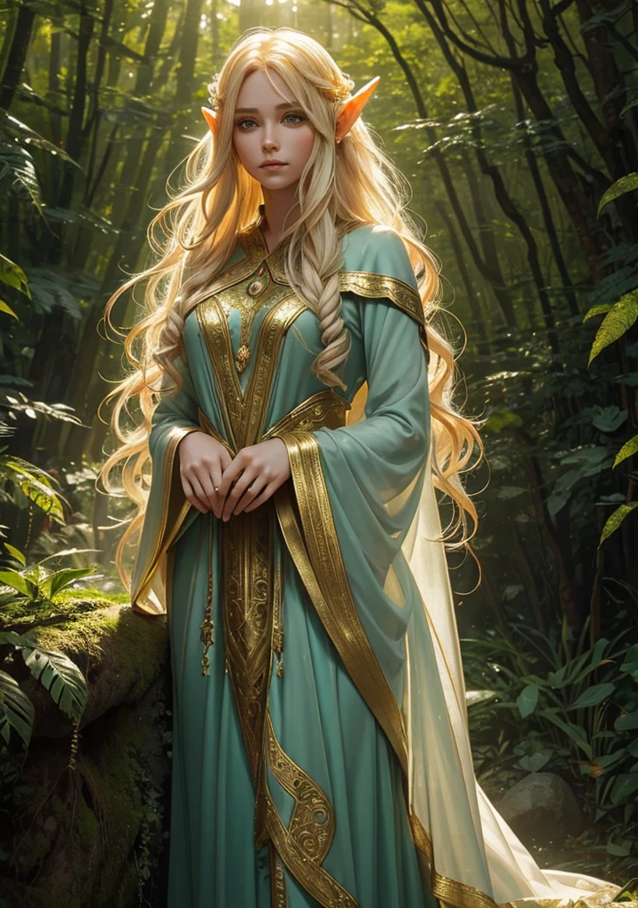 "Elf with a captivating gaze, ethereal beauty, flowing golden hair, adorned in intricate elven attire, surrounded by mystical forest, soft sunlight filtering through lush greenery."