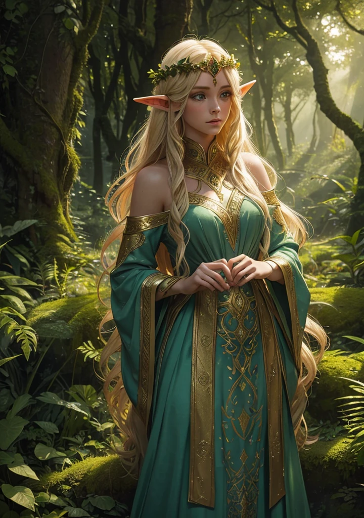 "Elf with a captivating gaze, ethereal beauty, flowing golden hair, adorned in intricate elven attire, surrounded by mystical forest, soft sunlight filtering through lush greenery."