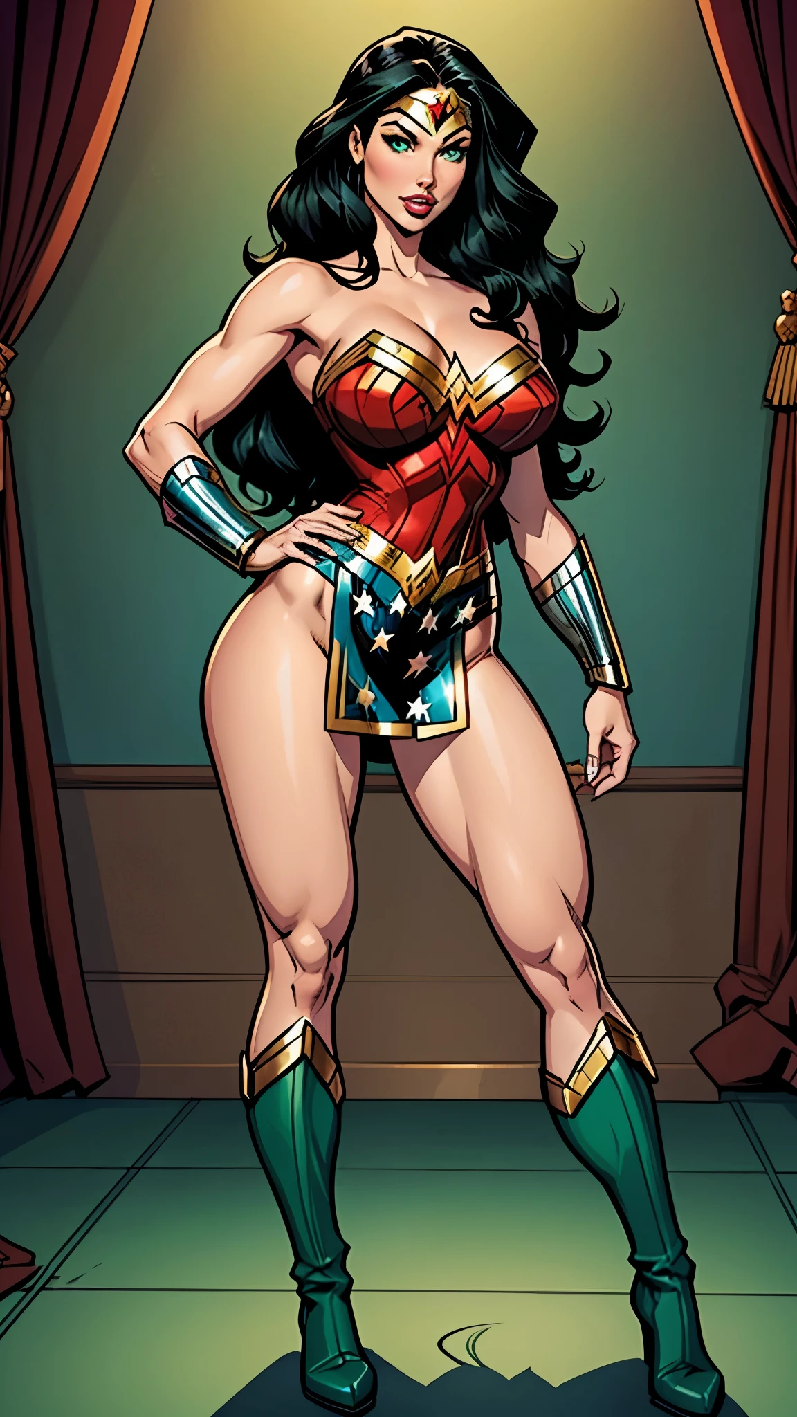 Long, wavy black hair. Bright and expressive light green eyes. She was wearing a sexy wonder woman dress. big ass, big hip. Busty. Comic style. she has a wonder woman weapon in her hand, full body view, head to toe, nsfw,