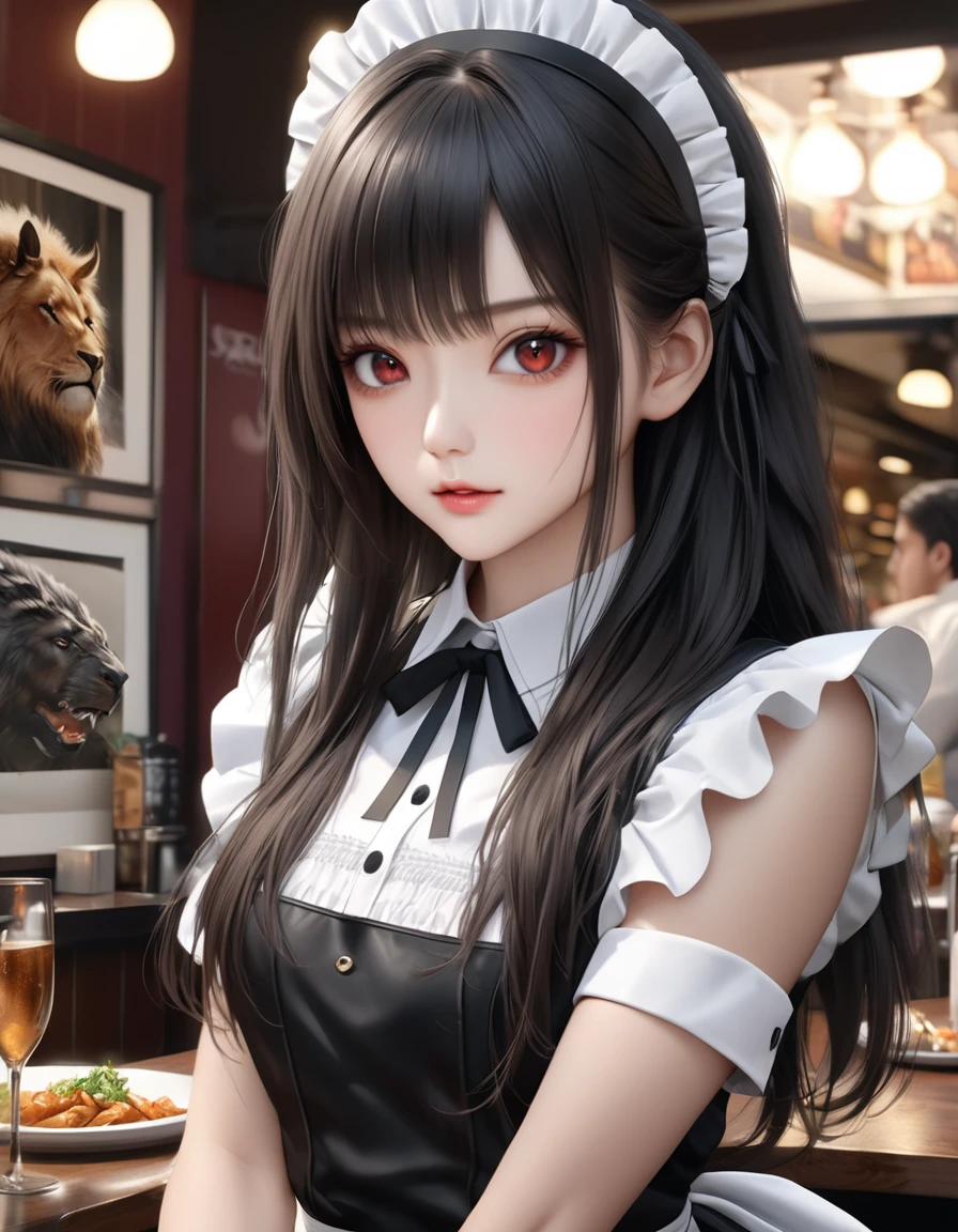 high quality, detailed, Realistic,(25 years old beautiful maid), looking for Restaurant in shotengai,(detailed dark red eyes), (black long hair),large beasts,(shiny skin), best quality,4k,8k,highres,masterpiece:1.2),ultra-detailed,(realistic,photorealistic,photo-realistic:1.37), looking at viewer,