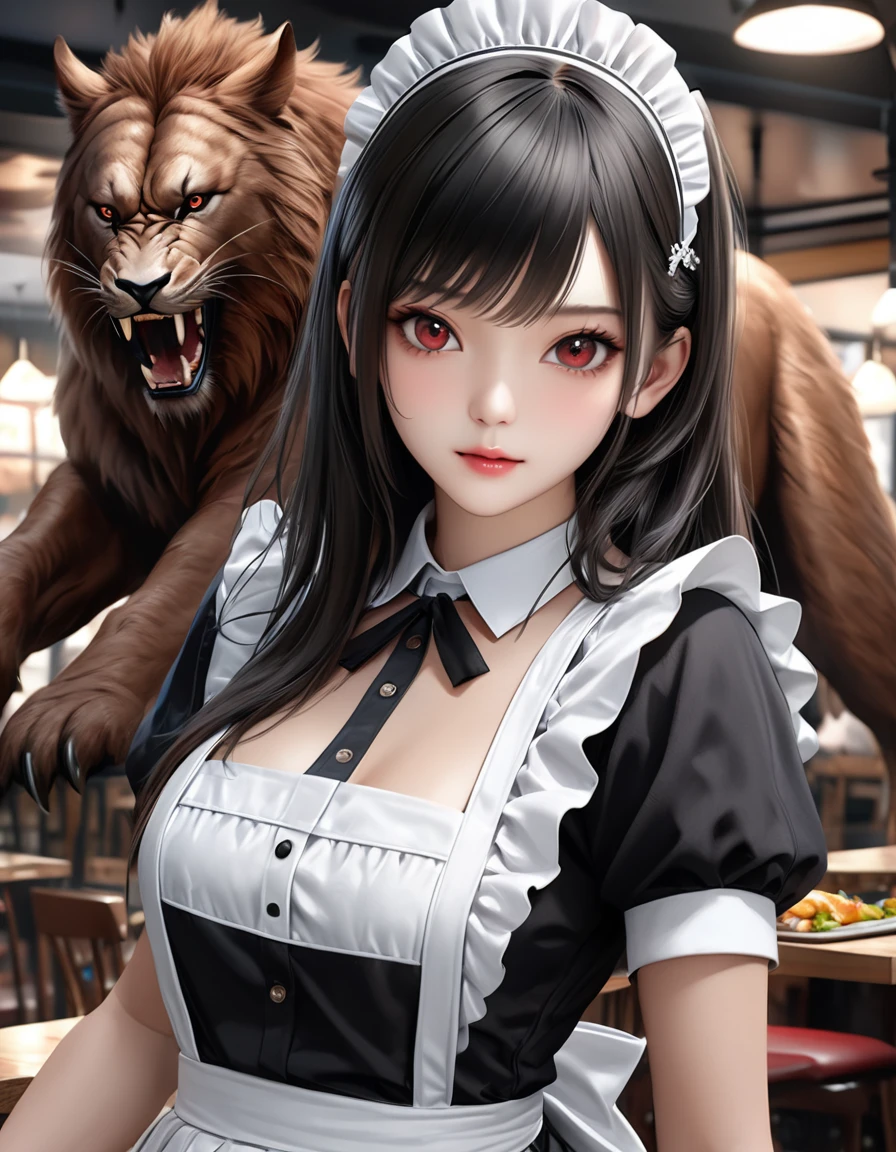 high quality, detailed, Realistic,(25 years old beautiful maid), looking for Restaurant in shotengai,(detailed dark red eyes), (black long hair),large beasts,(shiny skin), best quality,4k,8k,highres,masterpiece:1.2),ultra-detailed,(realistic,photorealistic,photo-realistic:1.37), looking at viewer,