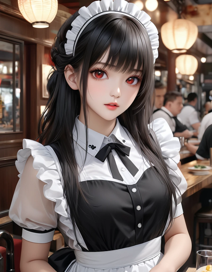 high quality, detailed, Realistic,(25 years old beautiful maid), looking for Restaurant in shotengai,(detailed dark red eyes), (black long hair),large beasts,(shiny skin), best quality,4k,8k,highres,masterpiece:1.2),ultra-detailed,(realistic,photorealistic,photo-realistic:1.37), looking at viewer,