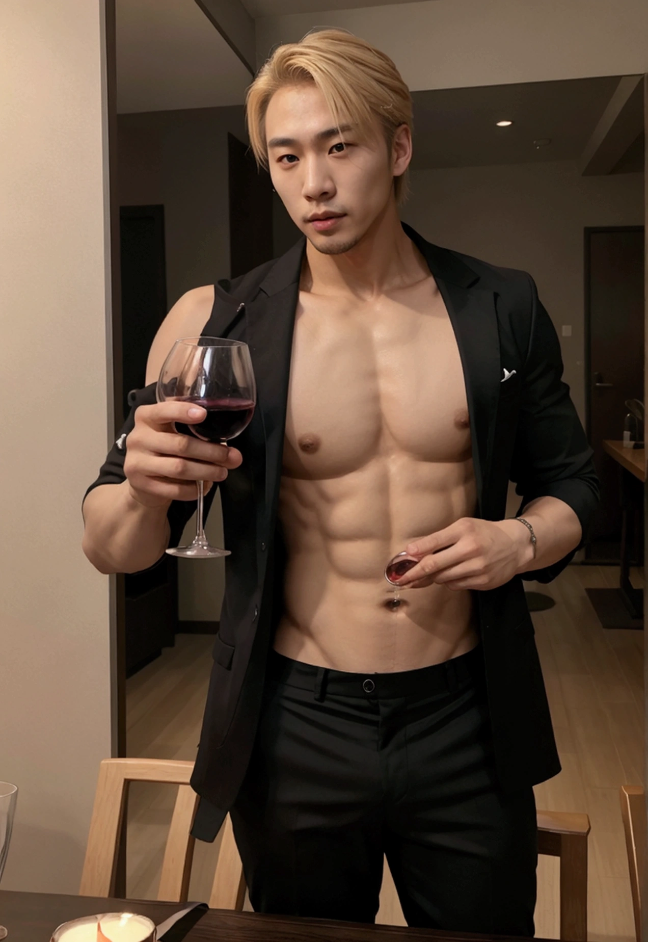 handsome Korean man with a goatee with strong blonde hair shirtless with a defined physique holding a glass of wine in black dress pants in a dining room at night, front view, k-idol, masterpiece